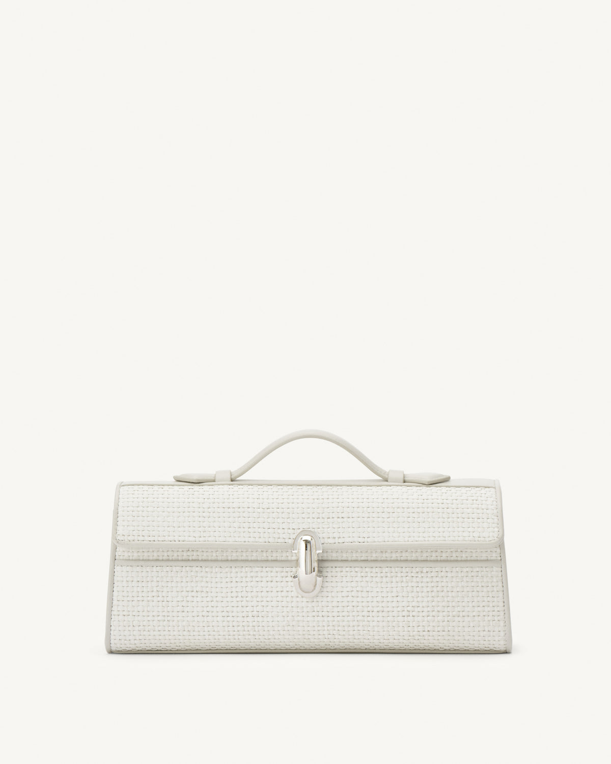 front view of an ivory raffia bag with silver hardware on a white background