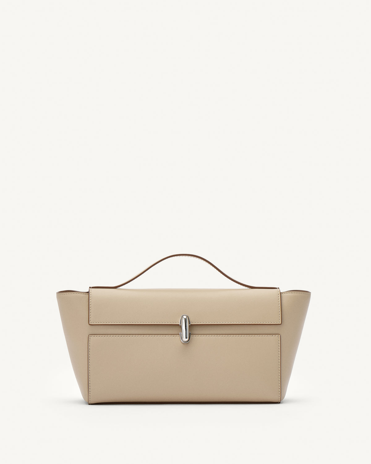front view of a bone beige leather bag with a silver clasp on a white background