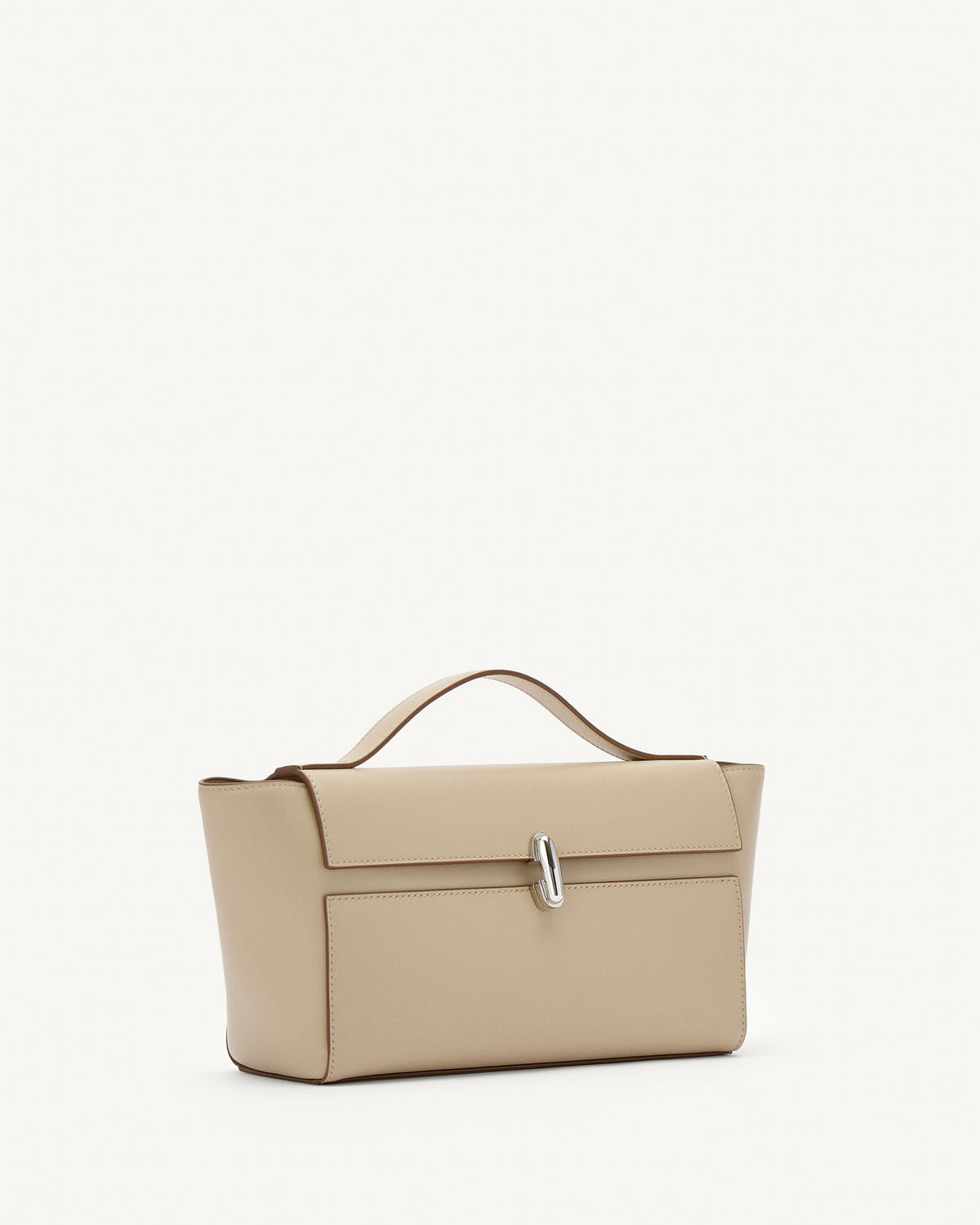 side view of a bone beige leather bag with a silver clasp on a white background