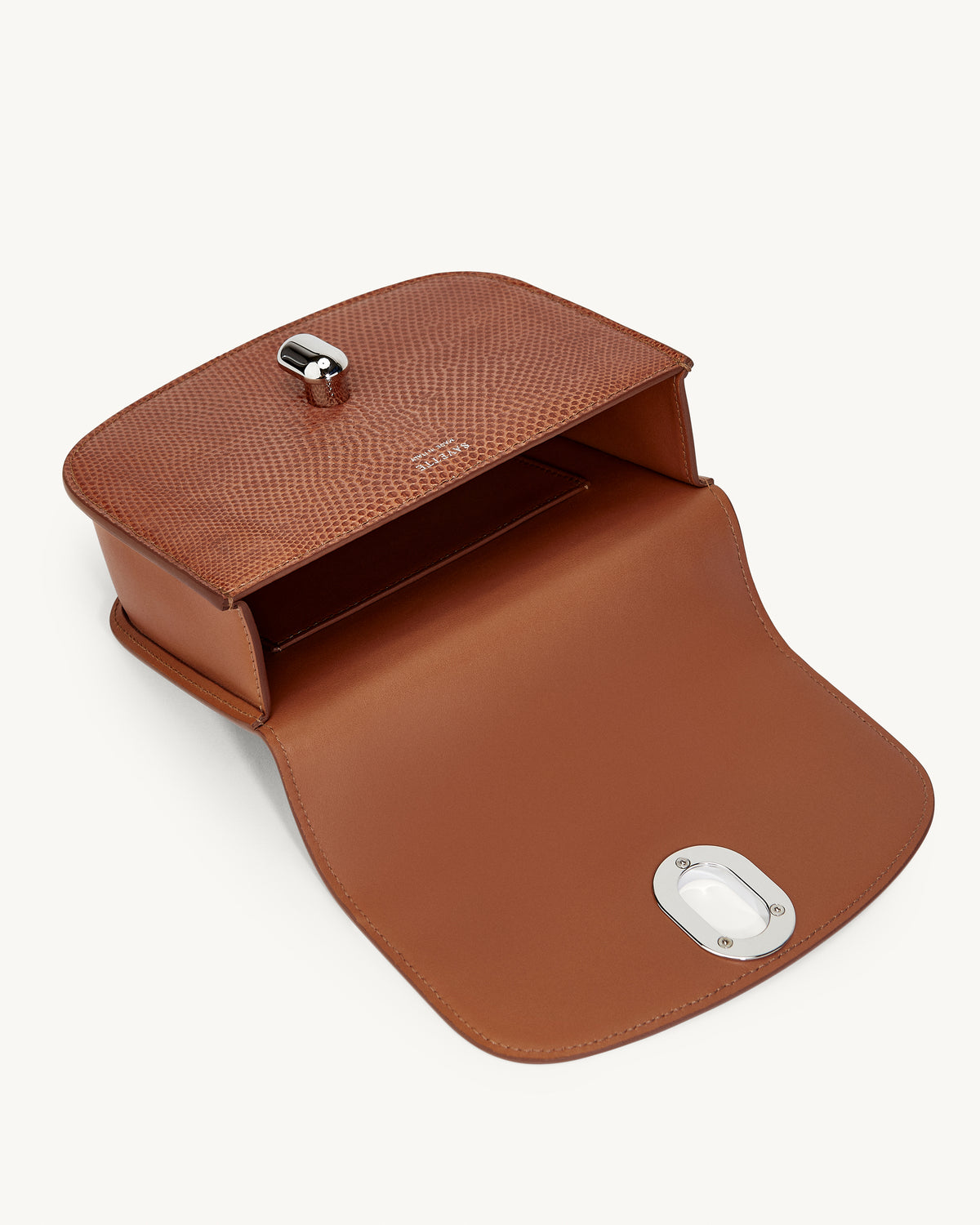 inside view of the Mini Tondo handbag in Maple lizard