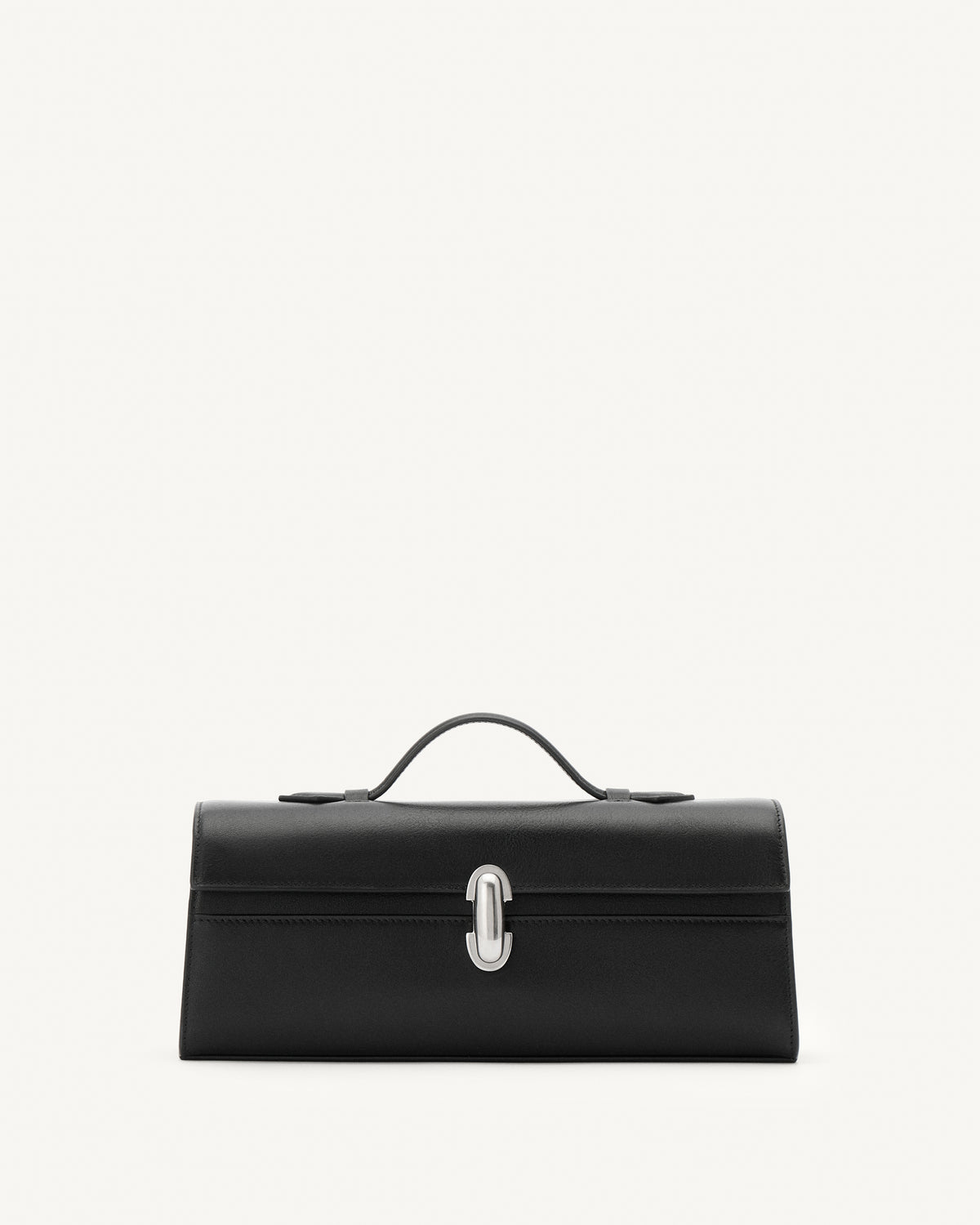 front view of vintage black leather top handle bag with matte silver clasp on a white background 