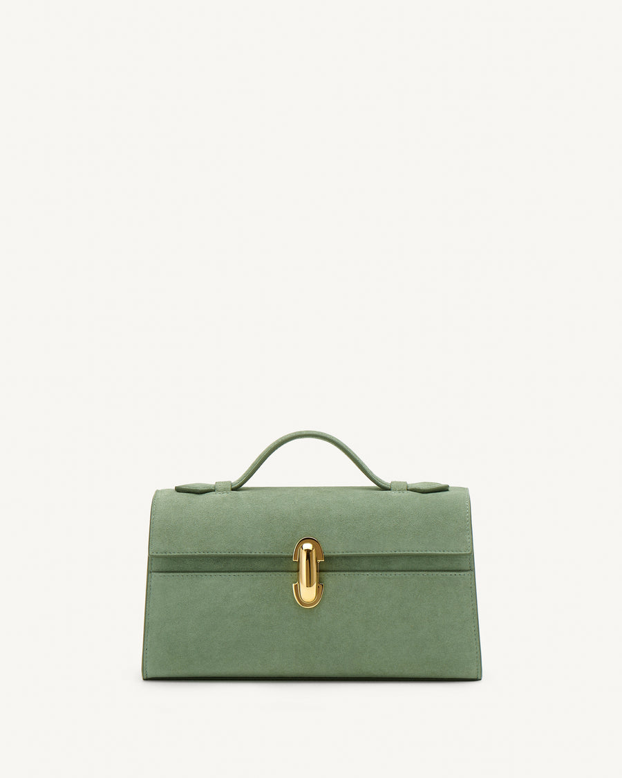 Front view of cactus suede top handle handbag with gold hardware