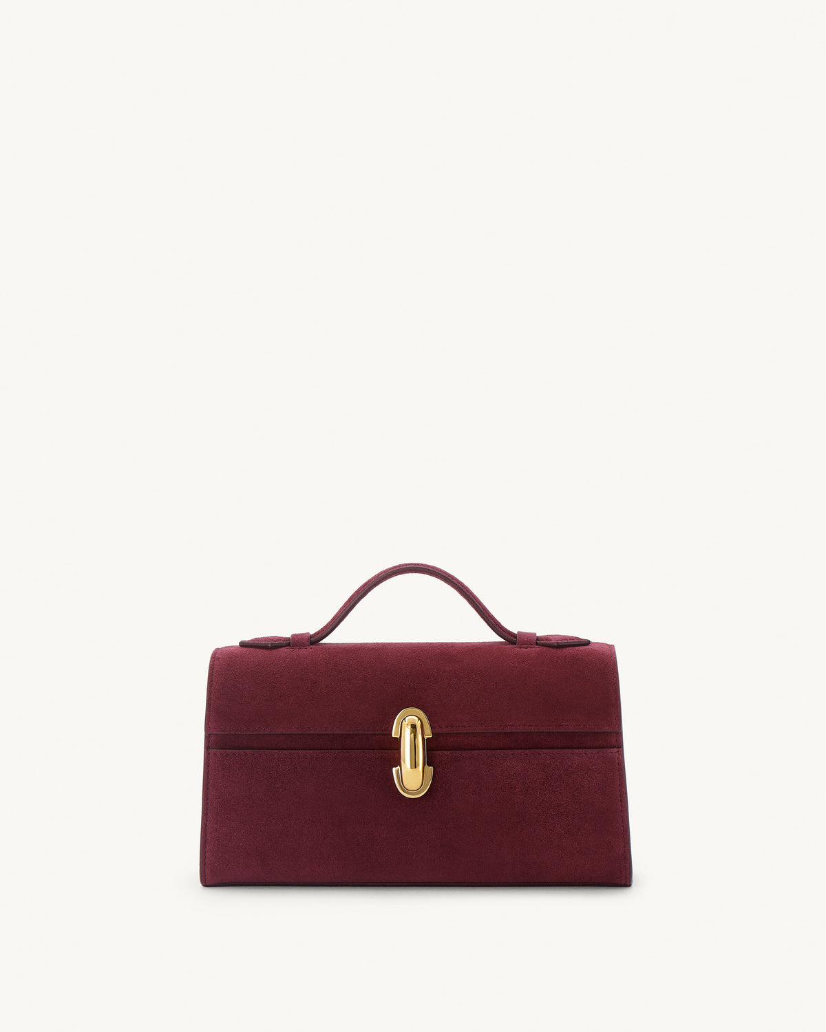 front view of a plum red suede bag with gold clasp on a white background