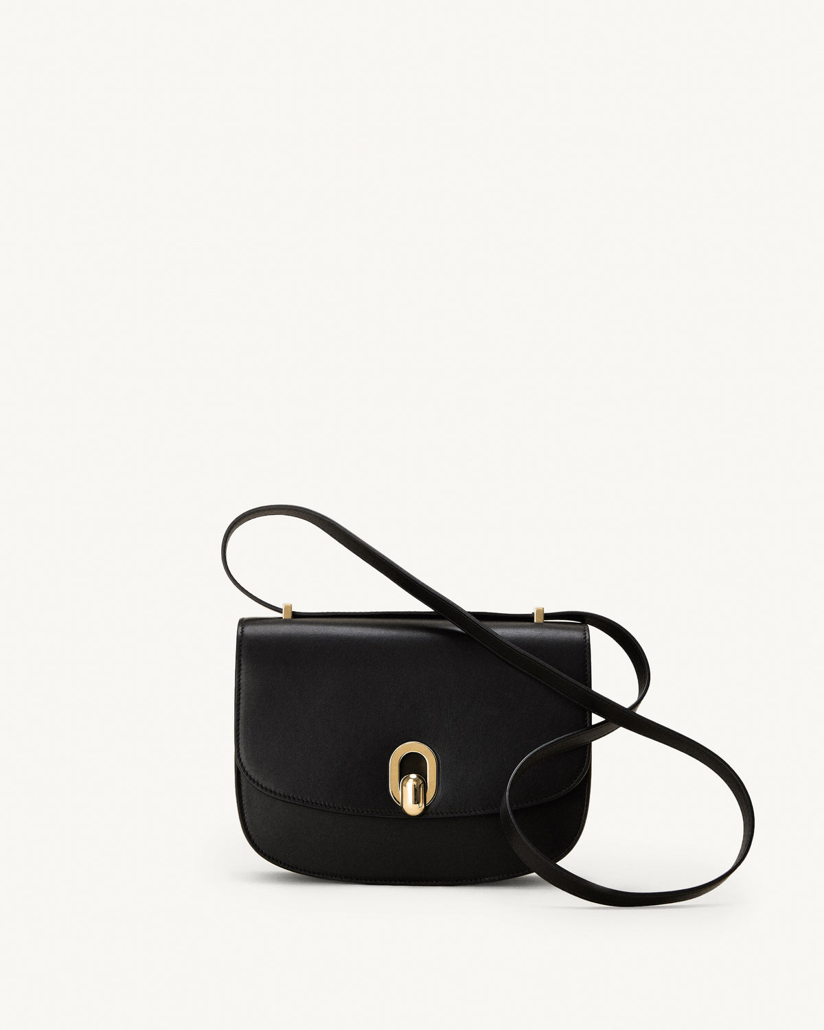 front view of a black leather bag with gold hardware on a white background
