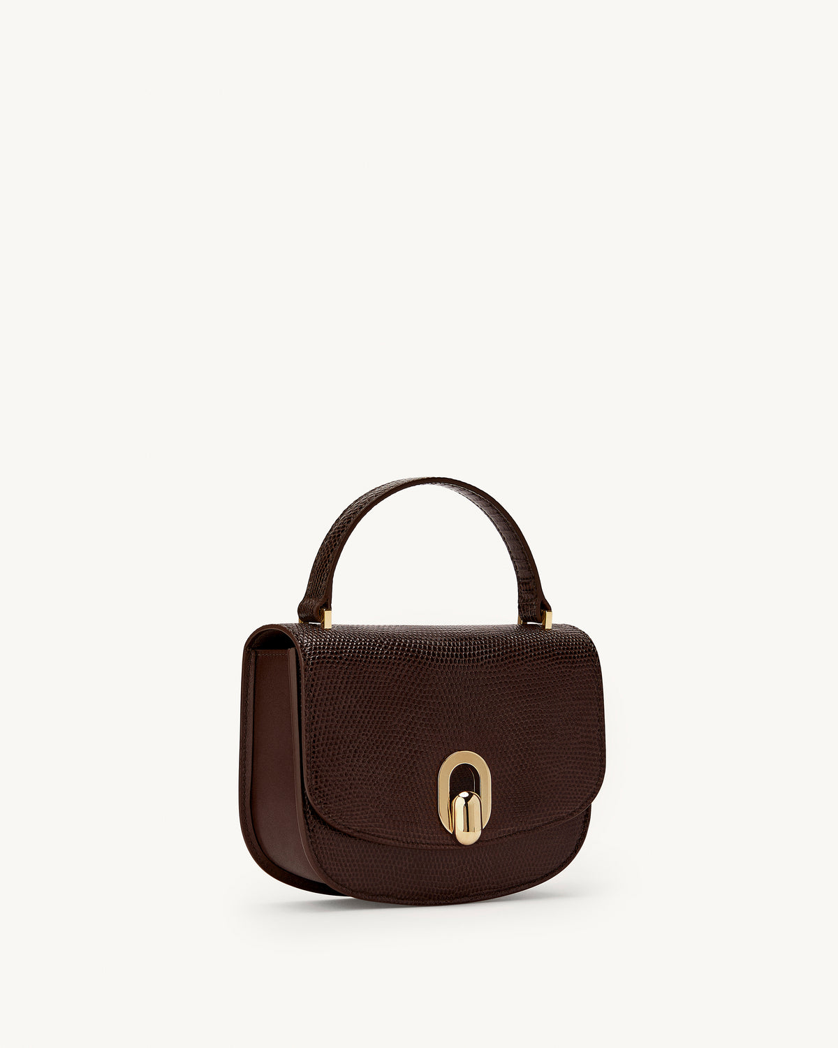side view of the Mini Tondo handbag in Coffee lizard 