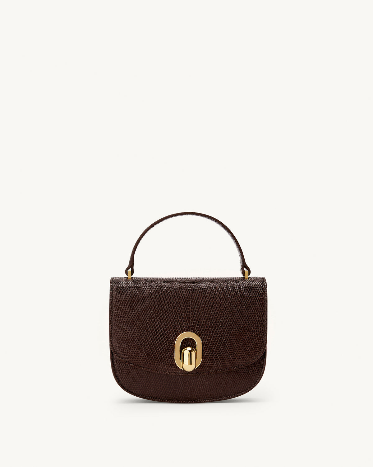 front view of the Mini Tondo handbag in Coffee lizard 
