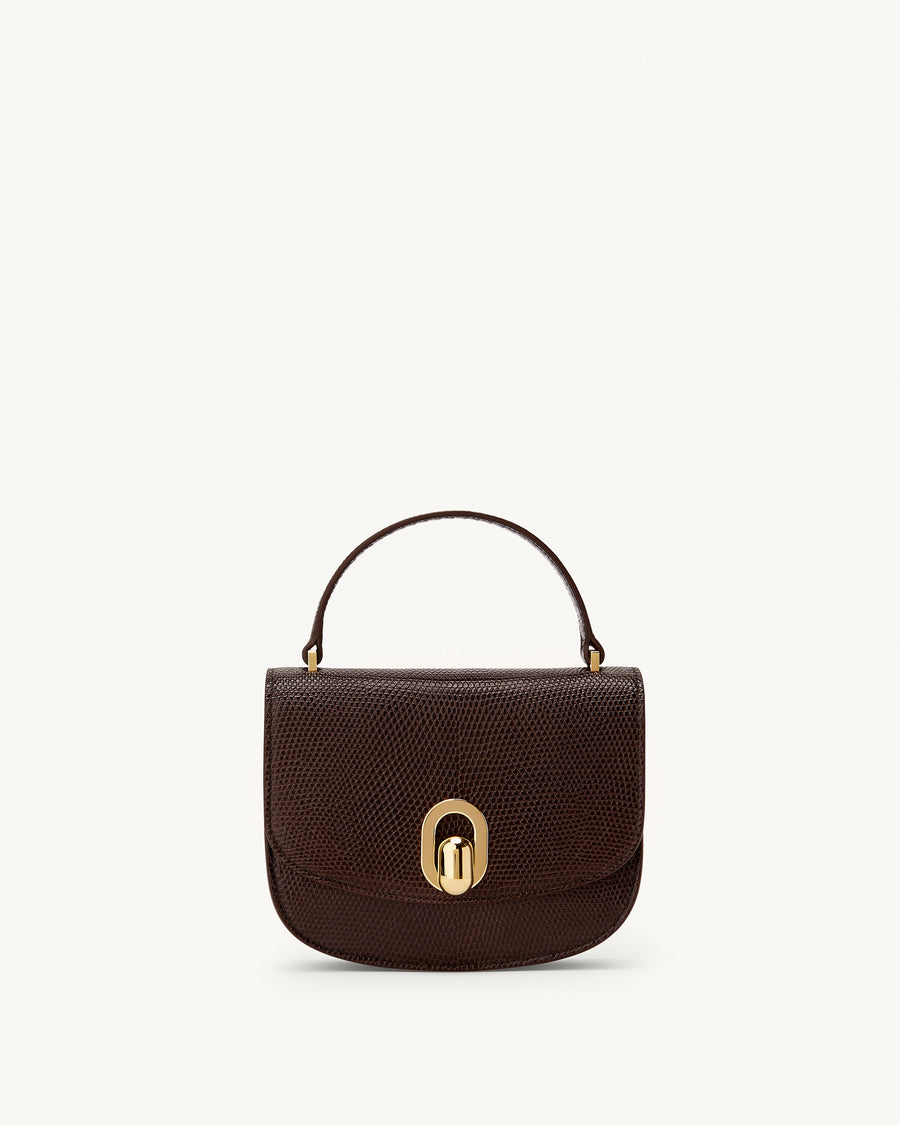 front view of the Mini Tondo handbag in Coffee lizard 