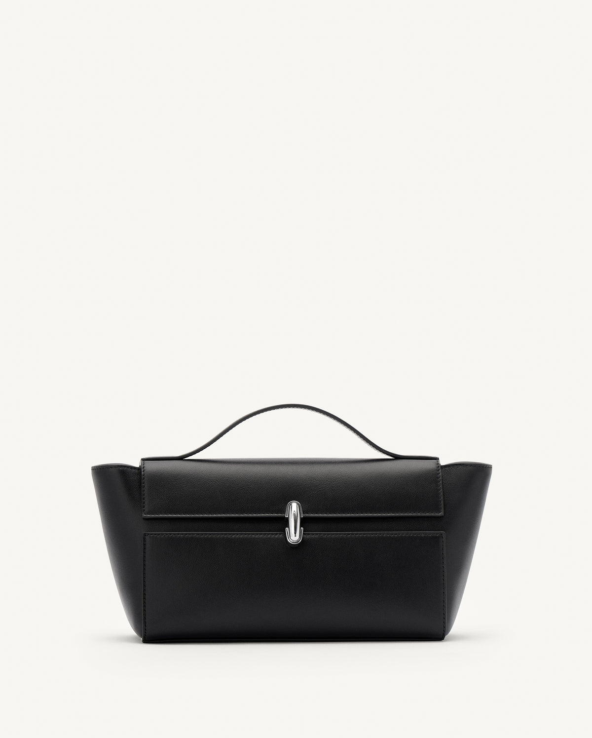 front view of a black leather bag with a silver clasp on a white background