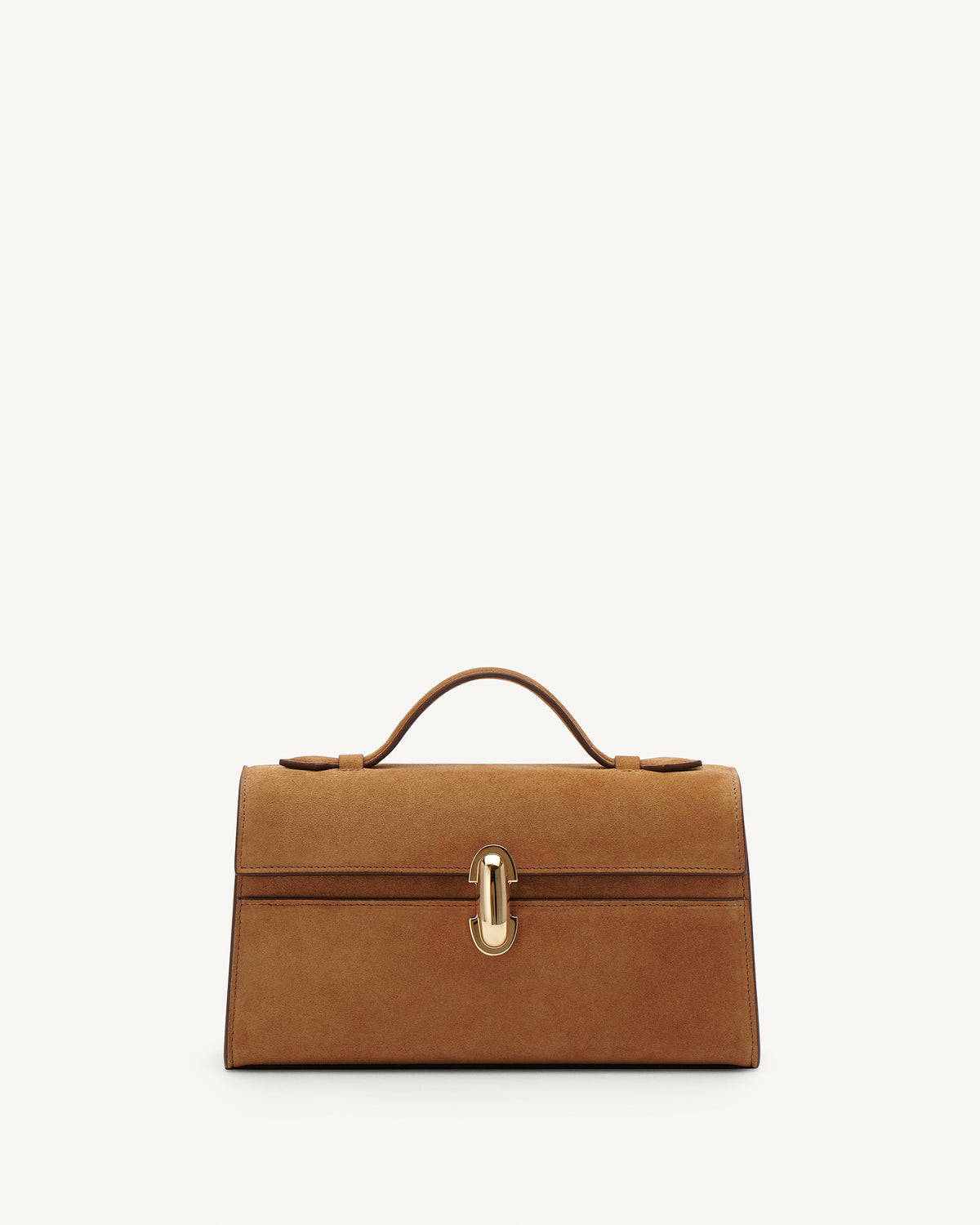 Front view of Saddle Suede leather handbag with a gold clasp on a white background