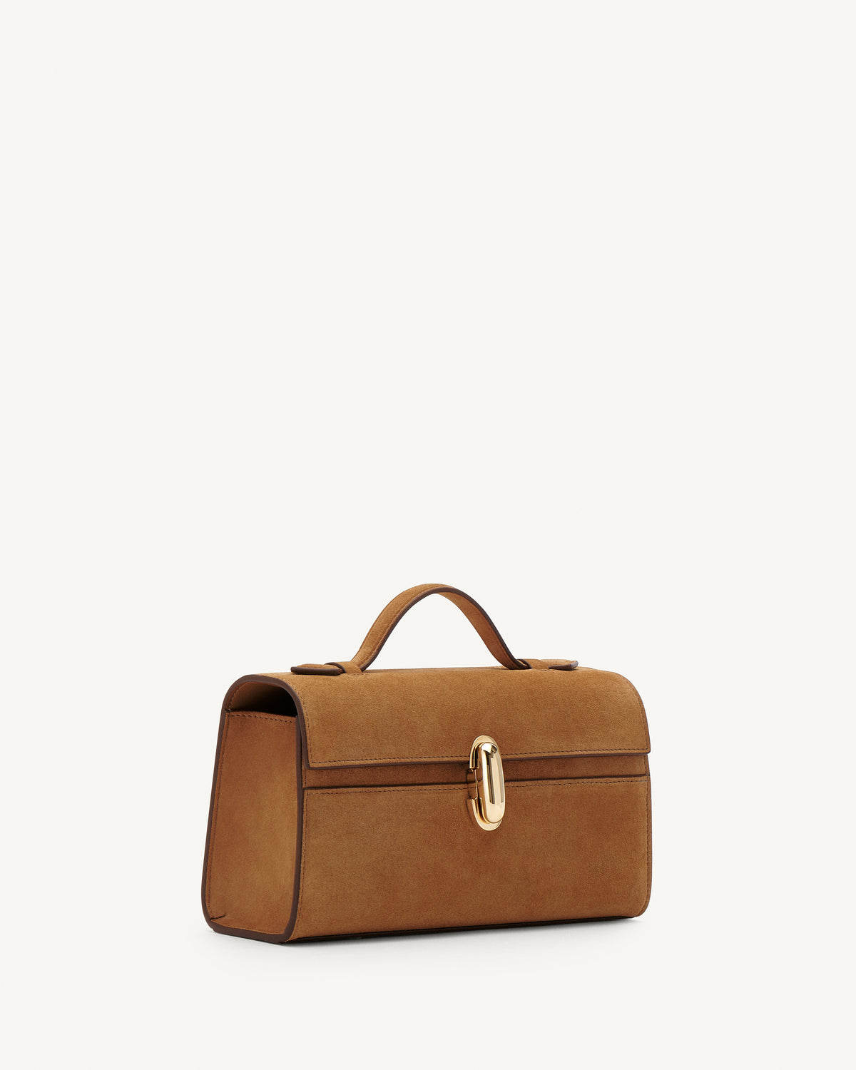 Side view of Saddle Suede leather handbag with a gold clasp on a white background