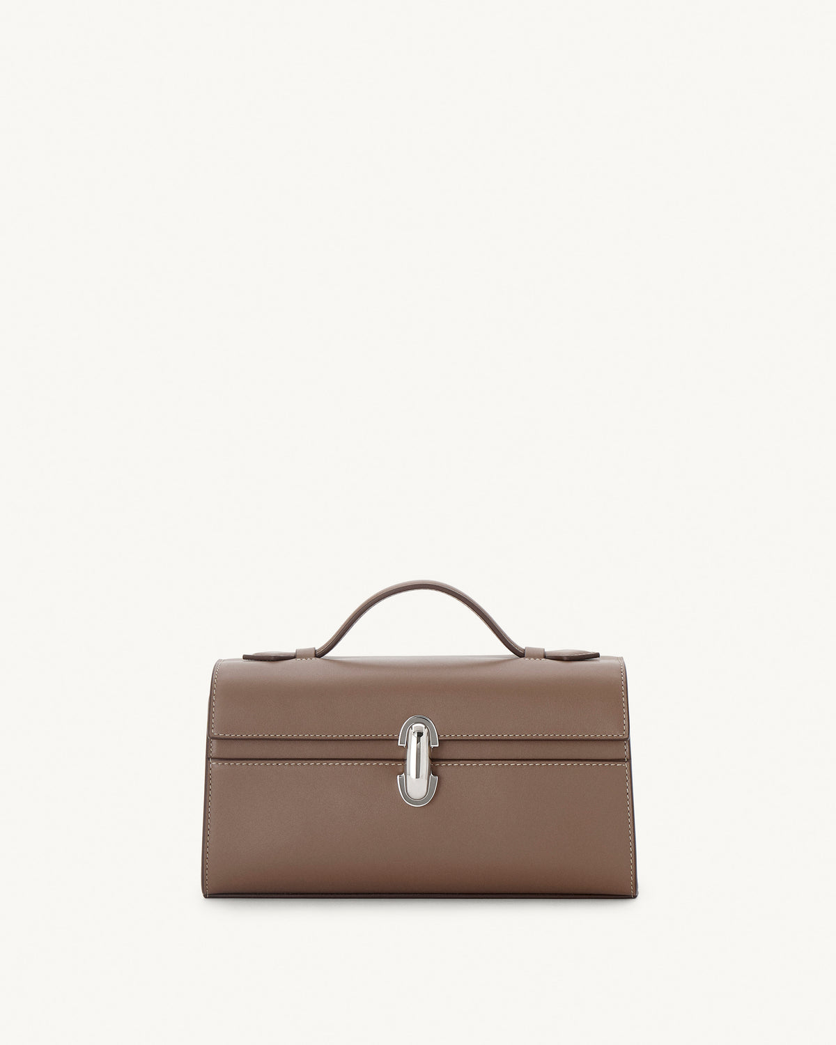 front view of a taupe brown bag with silver clasp on a white background