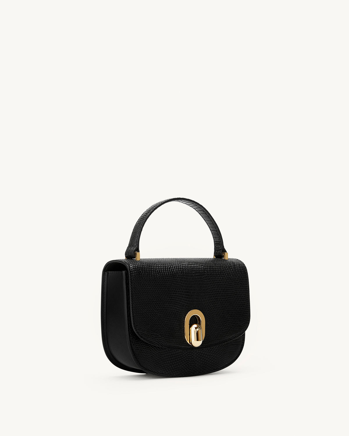 side view of the Mini Tondo handbag in Black lizard