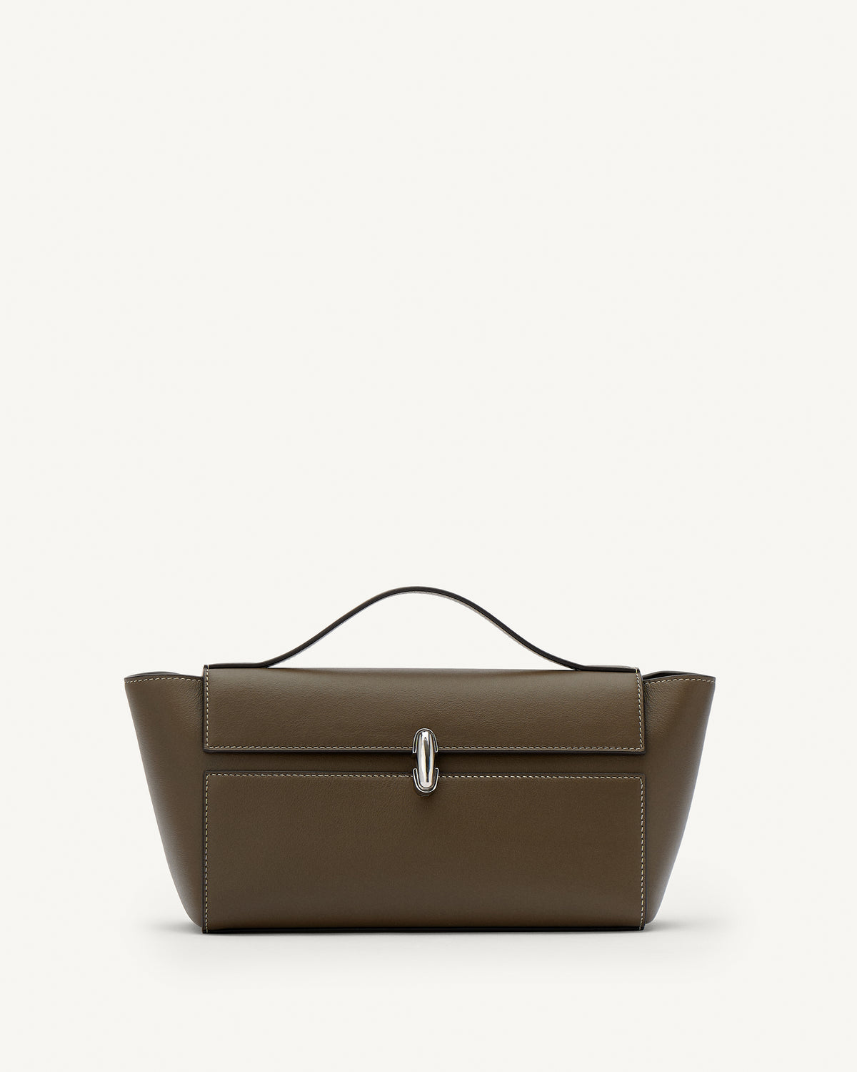 front view of a mink brown leather bag with a silver clasp on a white background