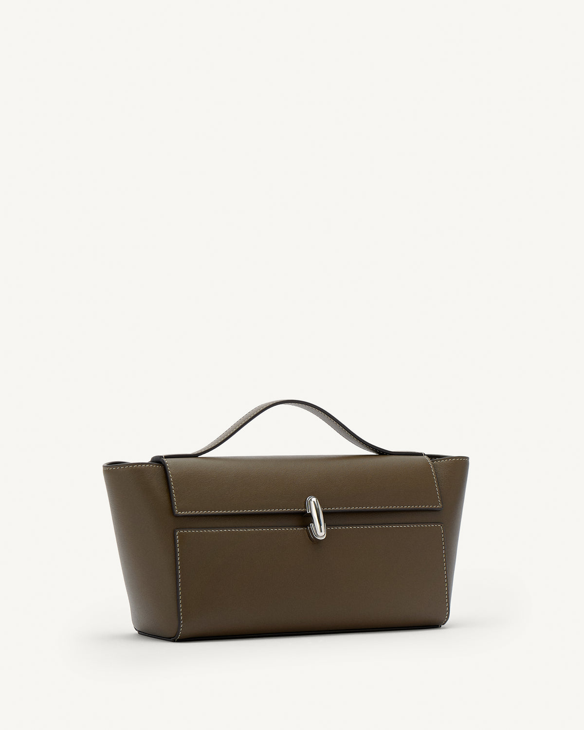 side view of a mink brown leather bag with a silver clasp on a white background