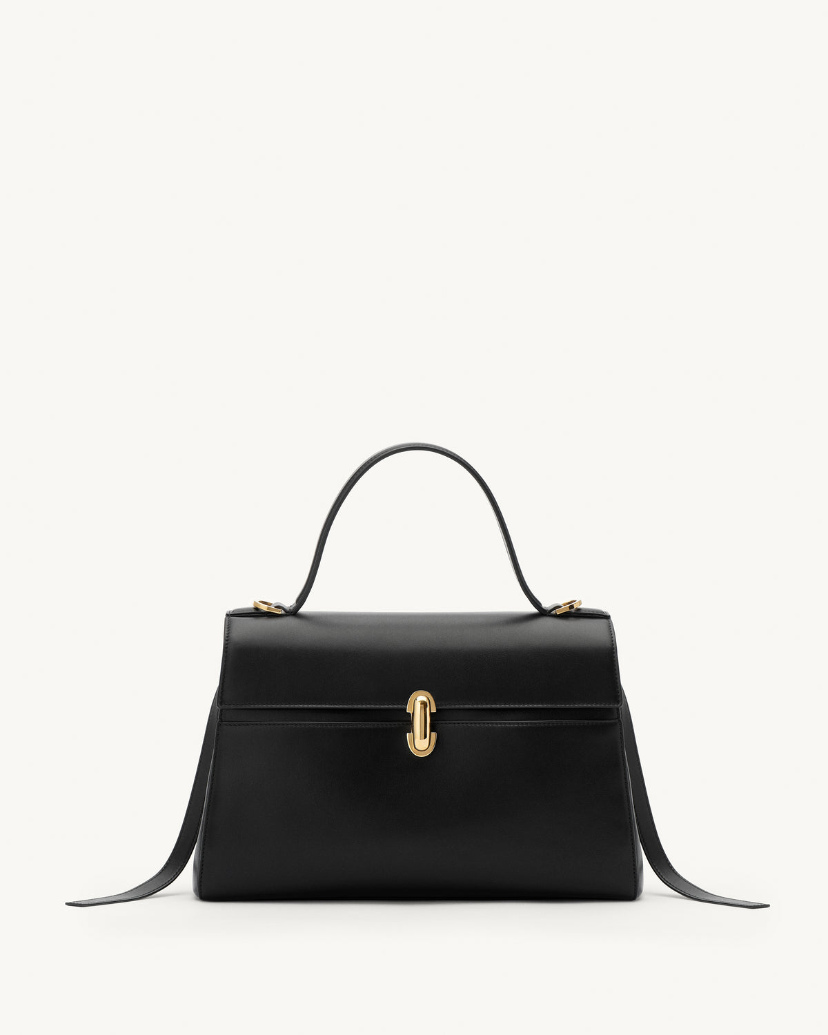 front view of a black leather handbag with gold clasp on a white background 