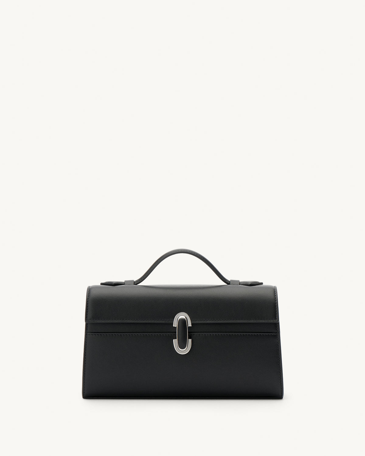 front view of a black leather top handle bag with a black leather covered silver clasp on a white background