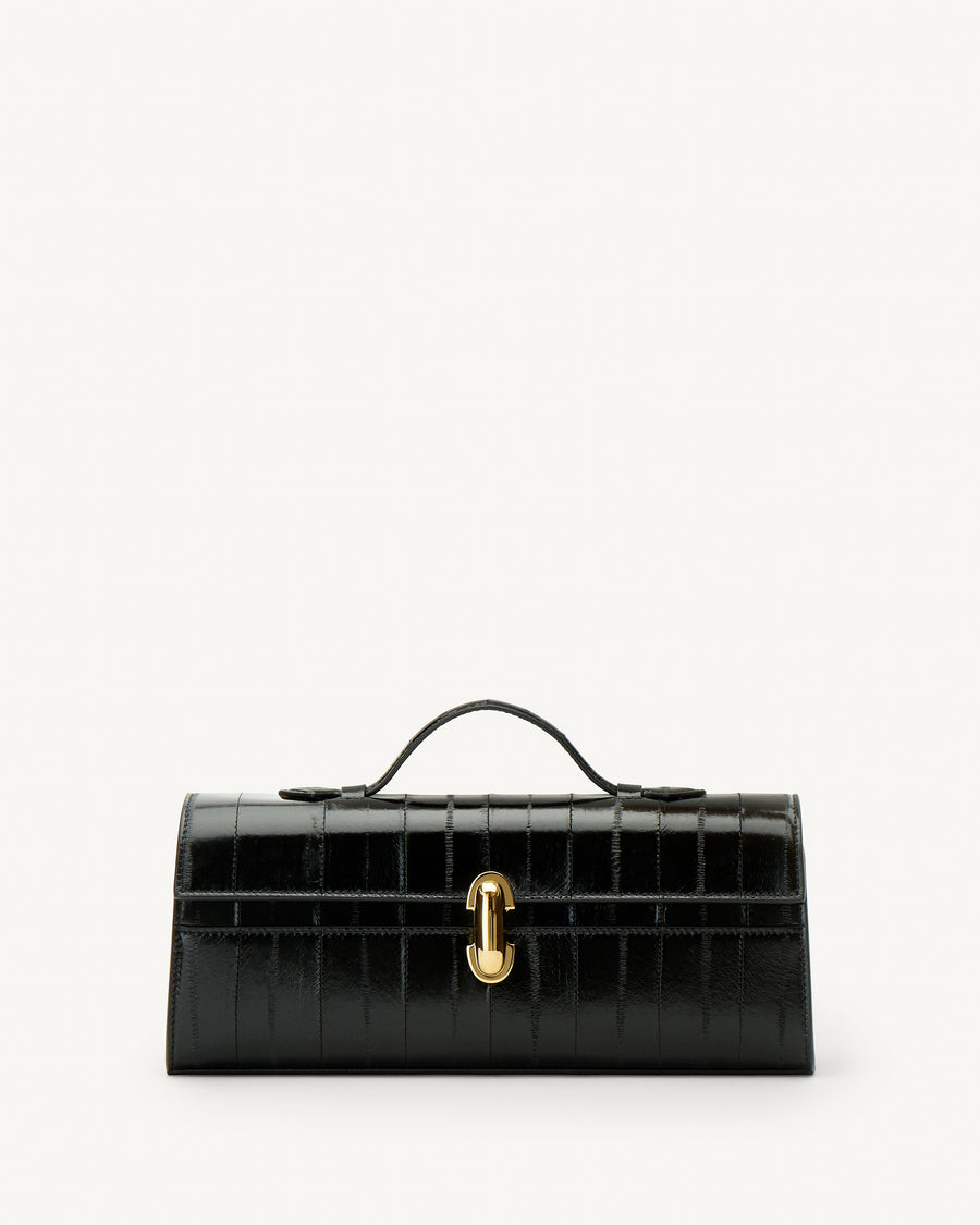 front view of a black eel bag with a gold clasp on a white background