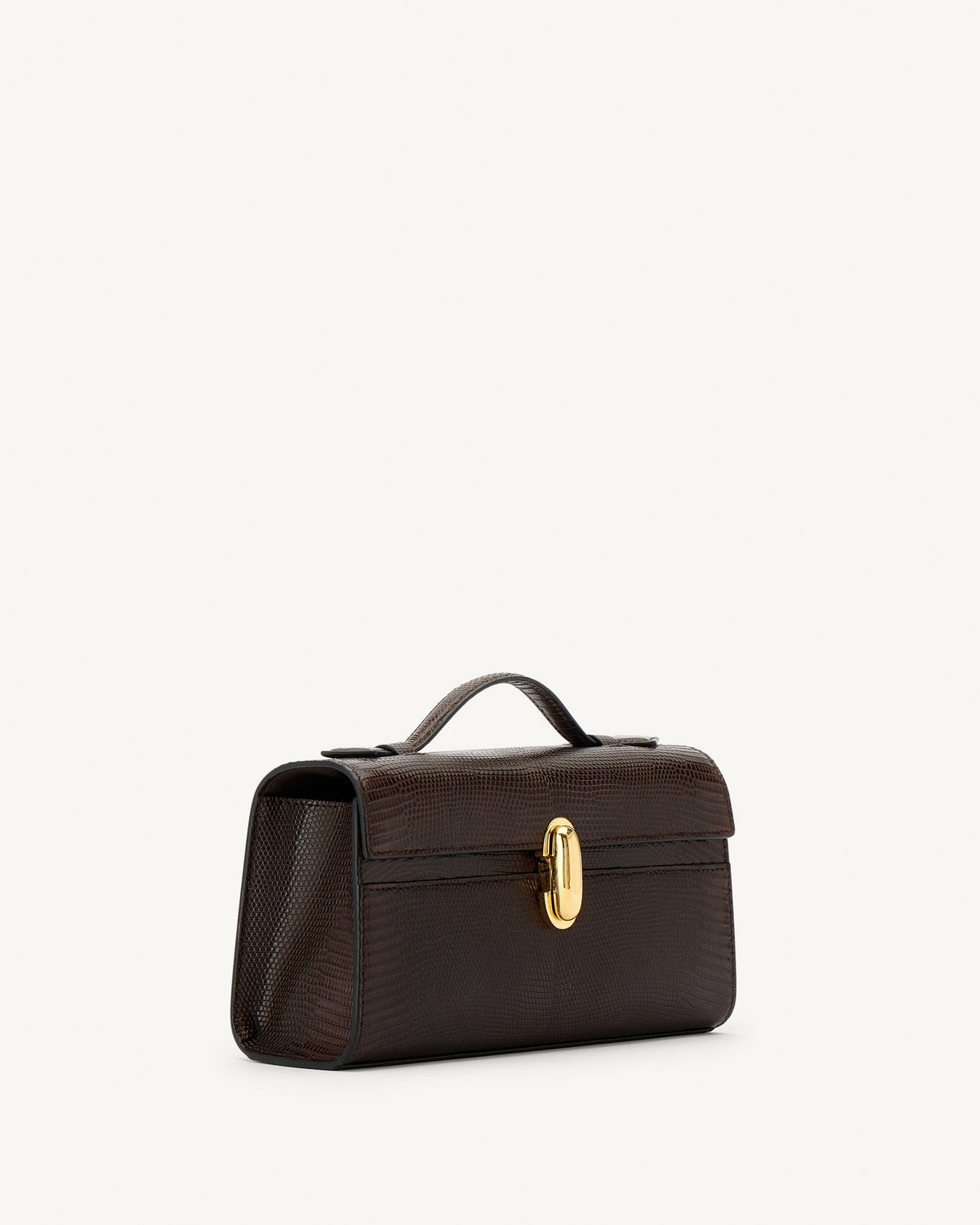 side view of currant brown lizard bag with gold clasp on a white background
