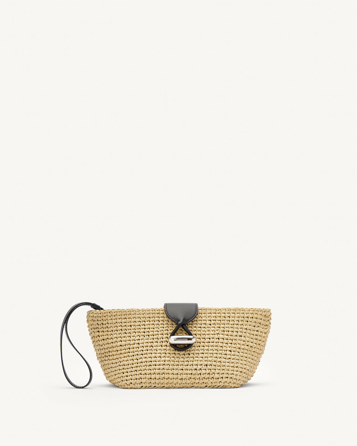 Front view of raffia pouch with black straps and silver hardware