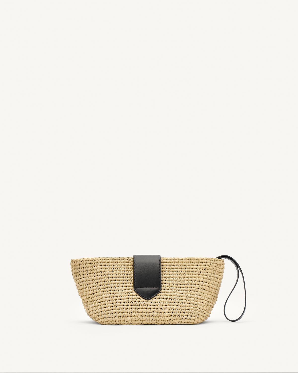 Black view of raffia pouch with black straps and silver hardware