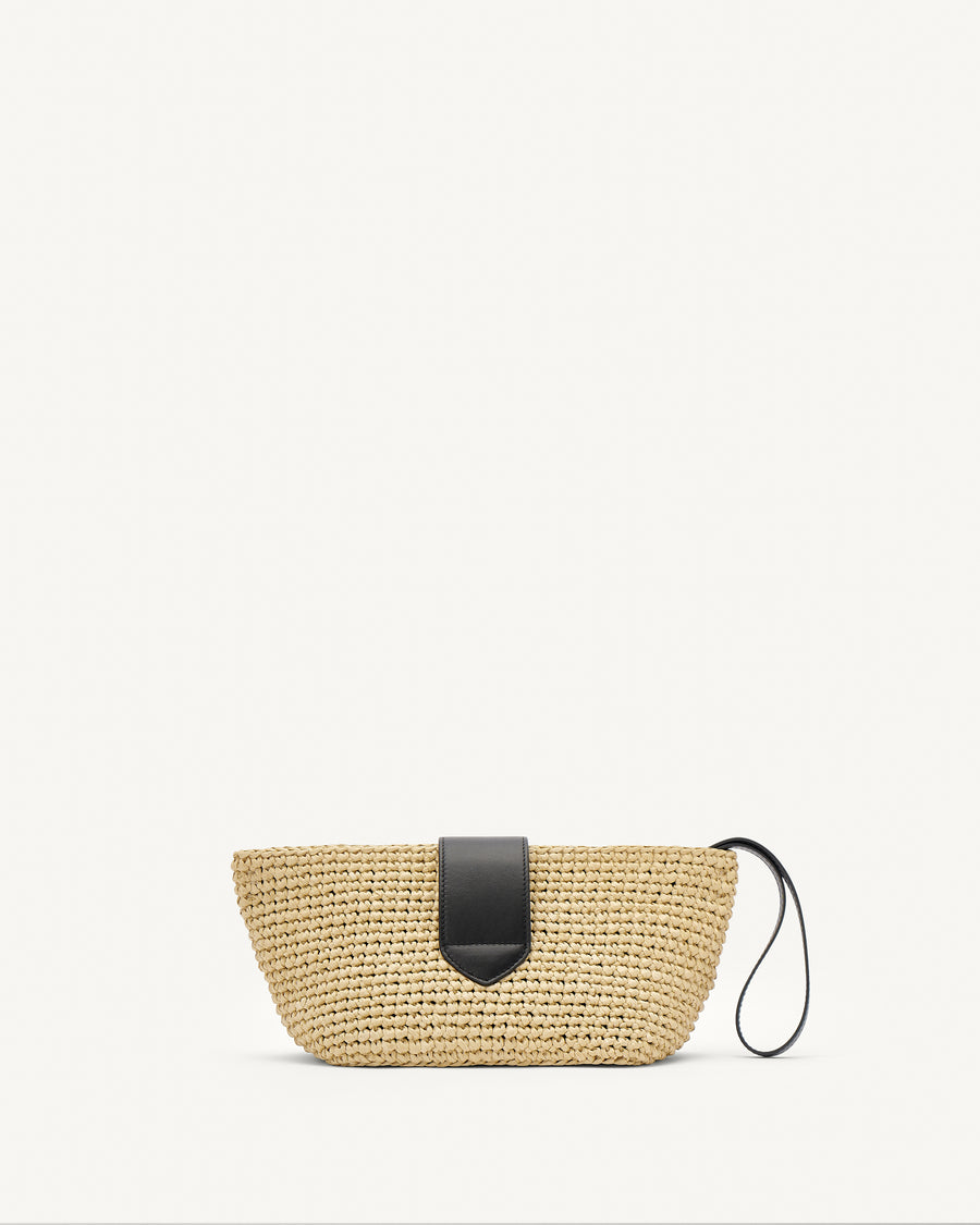 Black view of raffia pouch with black straps and silver hardware