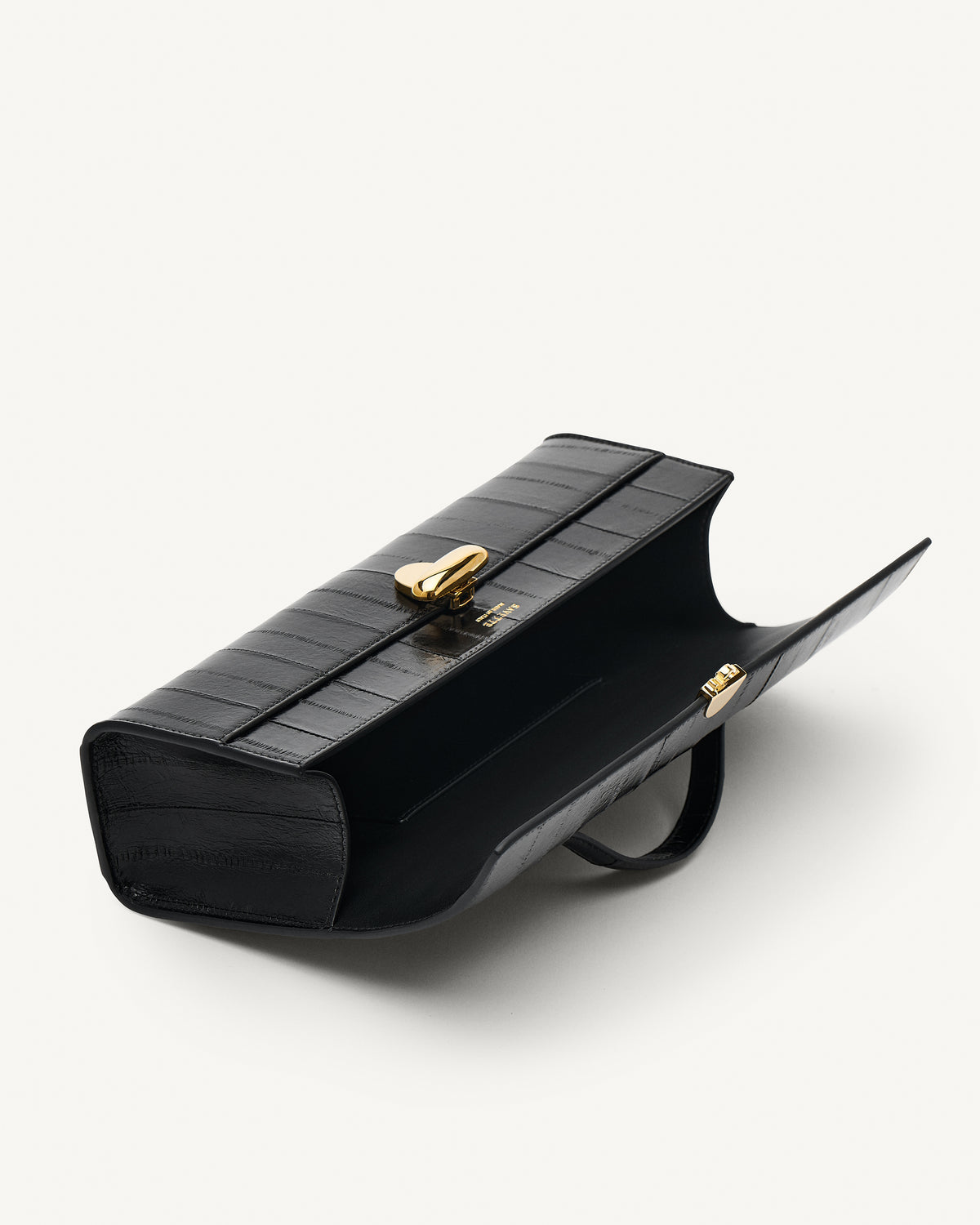interior view of a black eel bag with a gold clasp on a white background