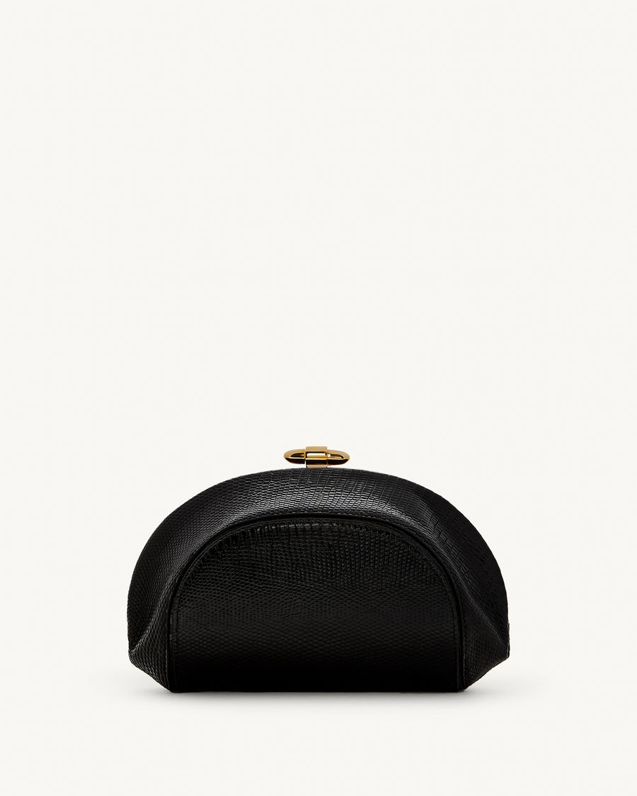 front view of the Sera Clutch in Black lizard