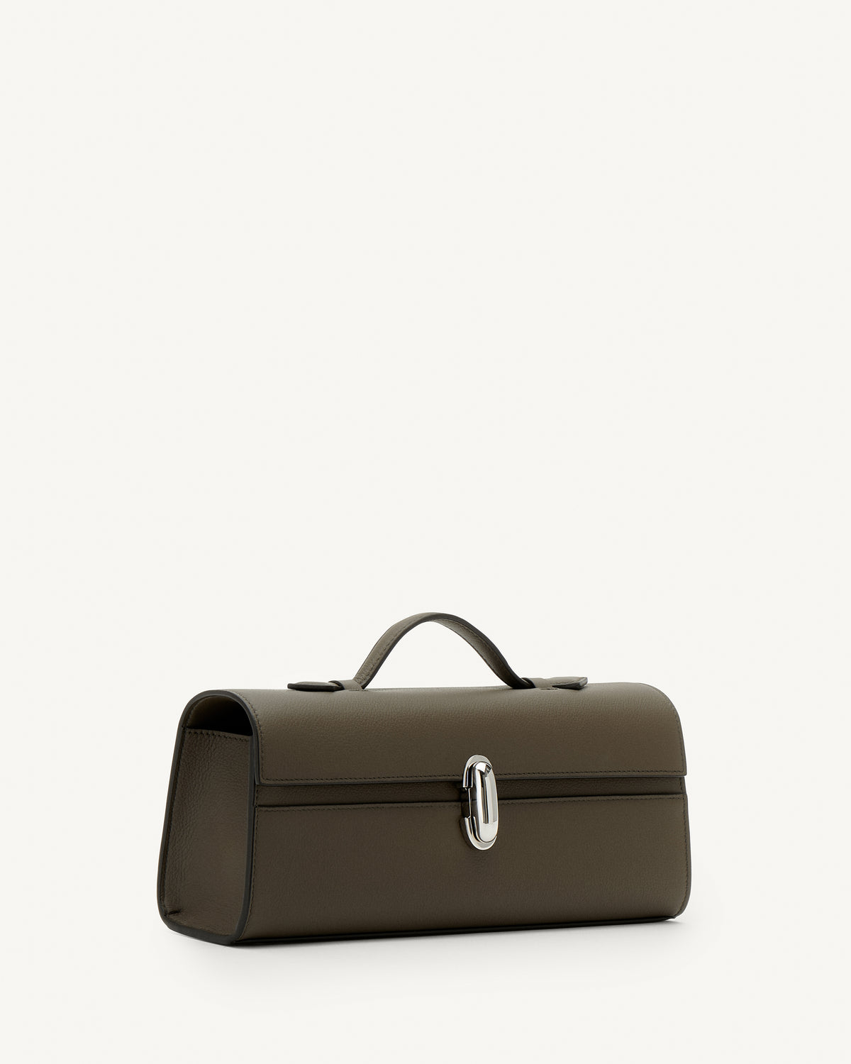Side view of mink leather bag with a silver clasp on a white background