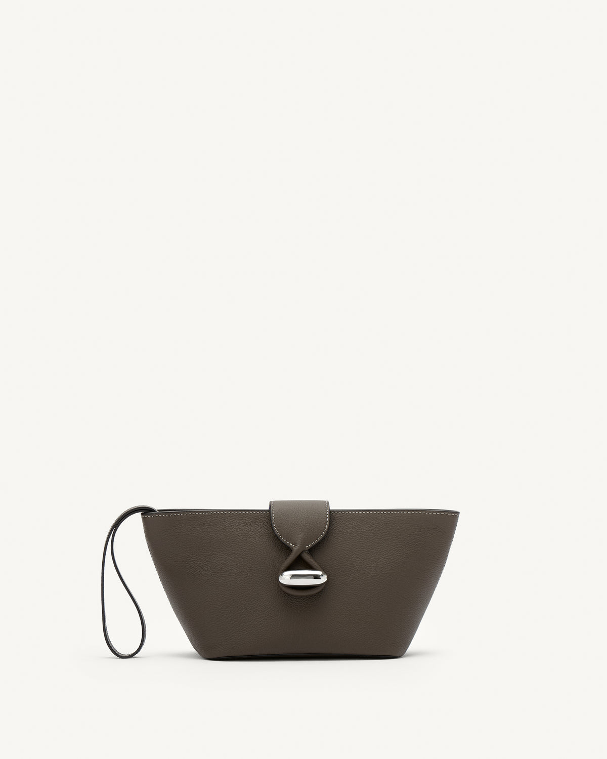 Front view of mink leather pouch with silver hardware