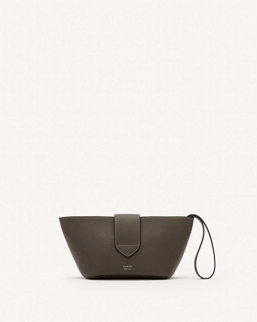 Back view of mink leather pouch with silver hardware