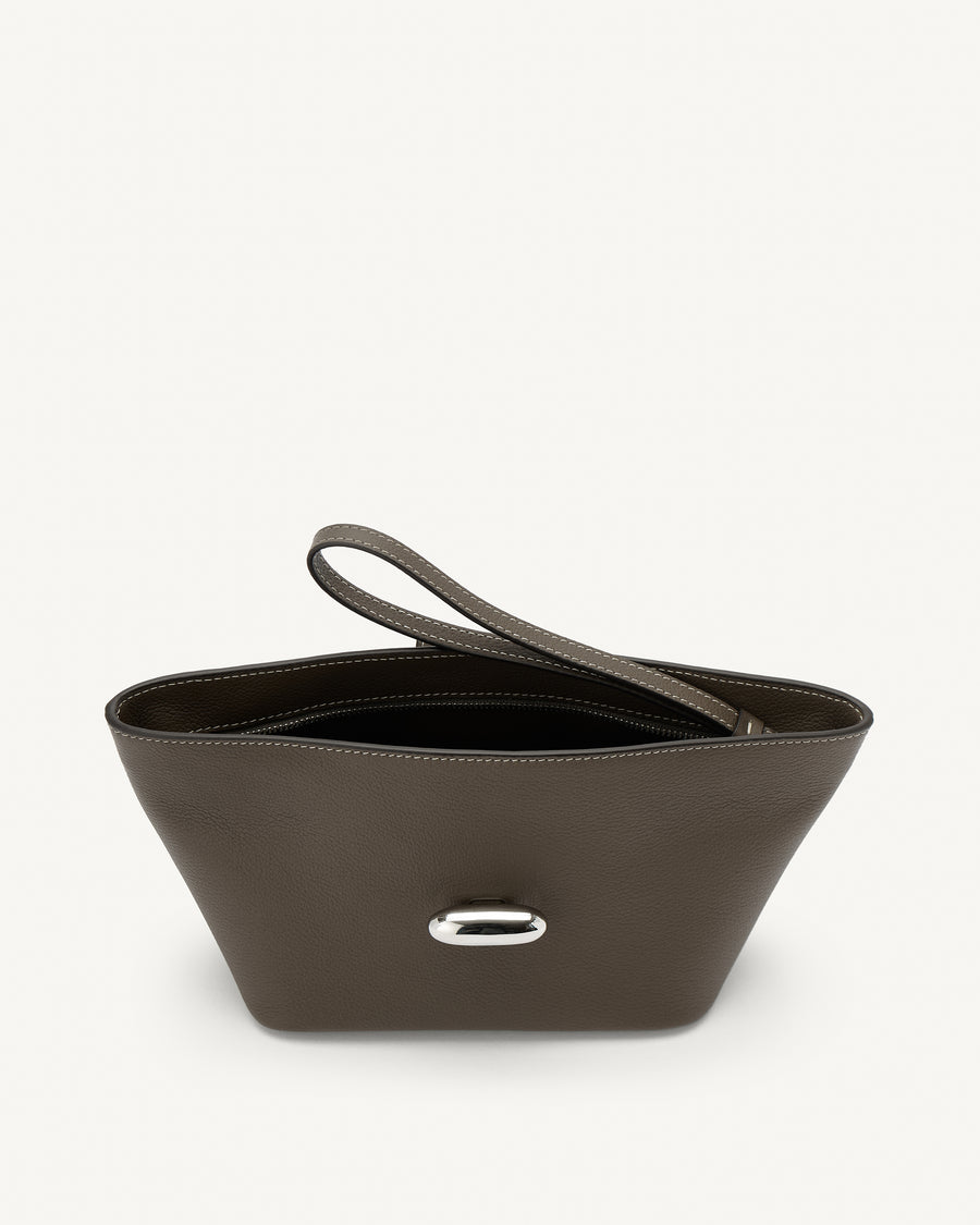 Inside view of mink leather pouch with silver hardware