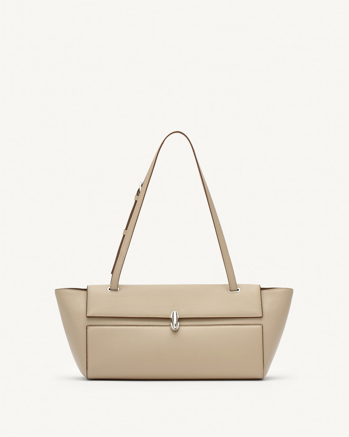 front view of a bone beige leather bag with a silver clasp on a white background