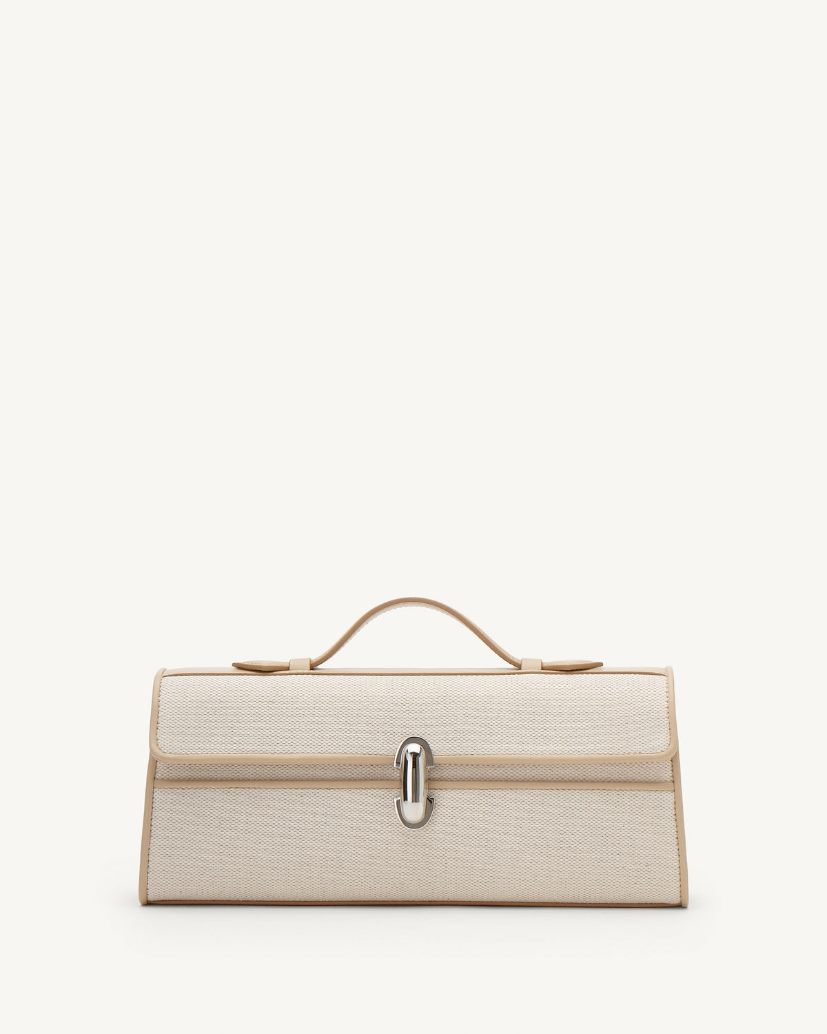 Front view of Beige handbag with a silver clasp on a white background