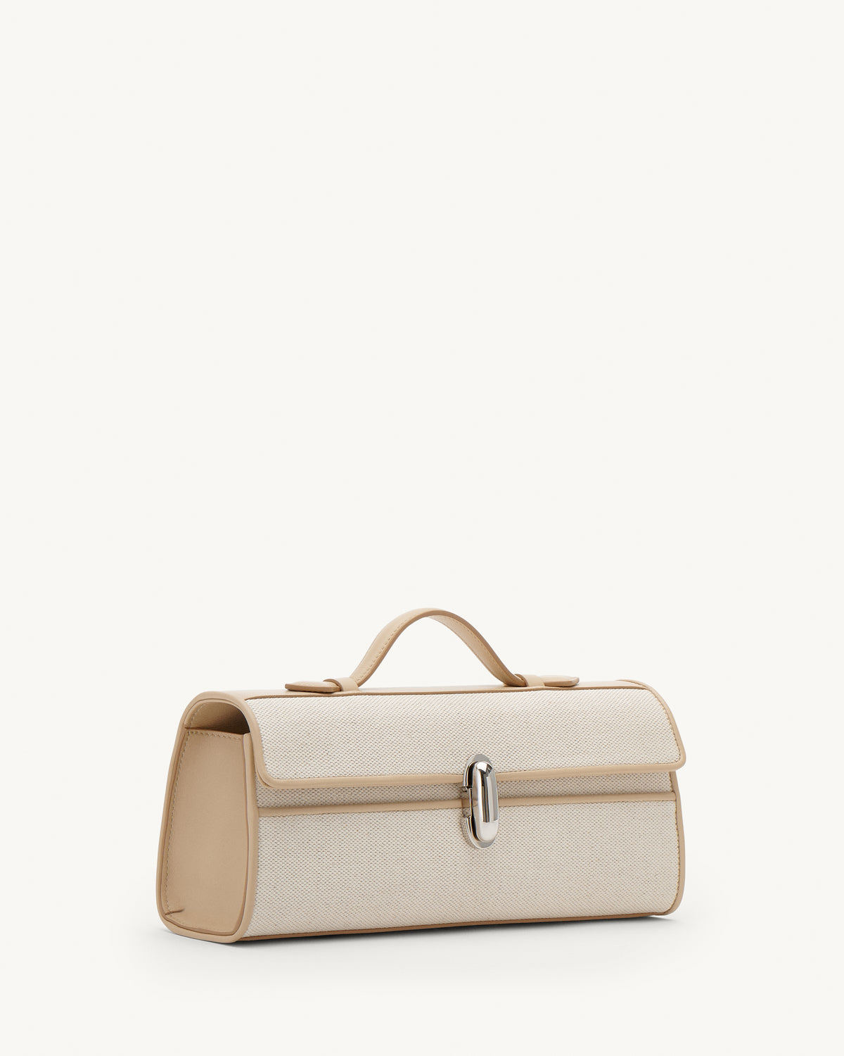 Side view of Beige handbag with a silver clasp on a white background