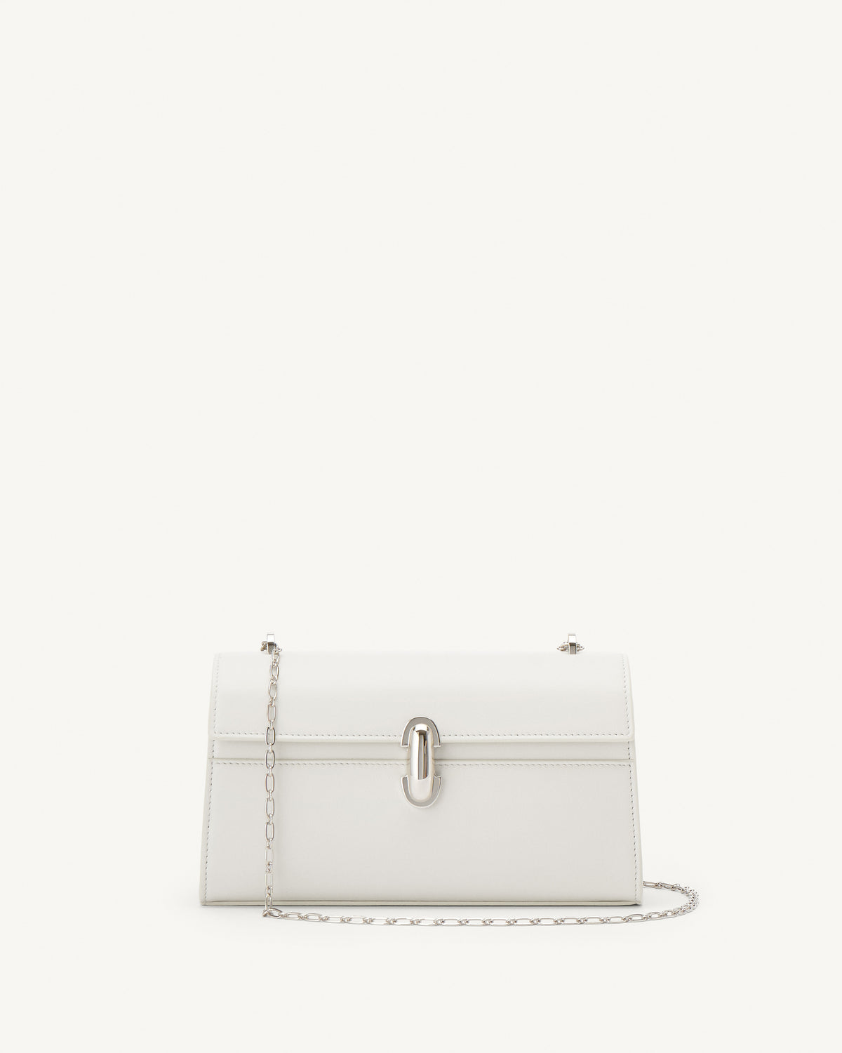 front view of an ivory leather bag with silver clasp and silver chain on a white background