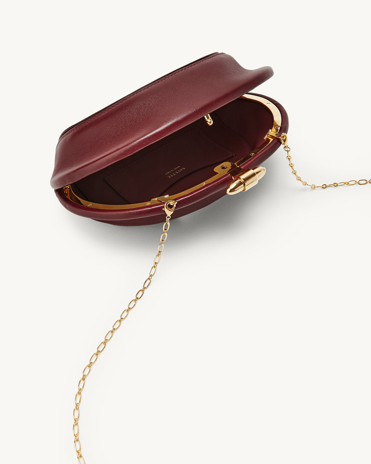 inside view of the Sera Clutch in Wine leather 