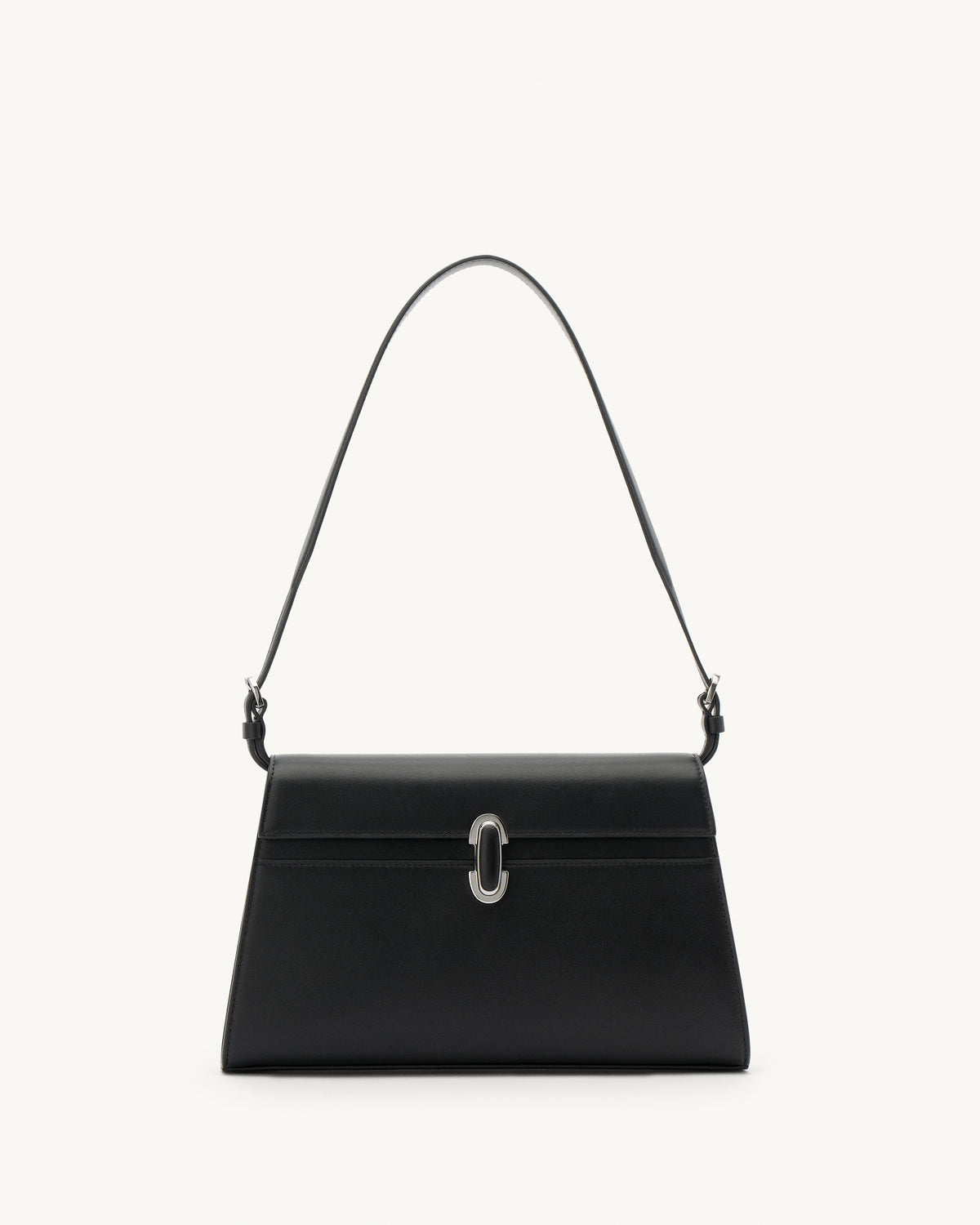 front view of a black leather shoulder bag with a black leather covered silver clasp on a white background