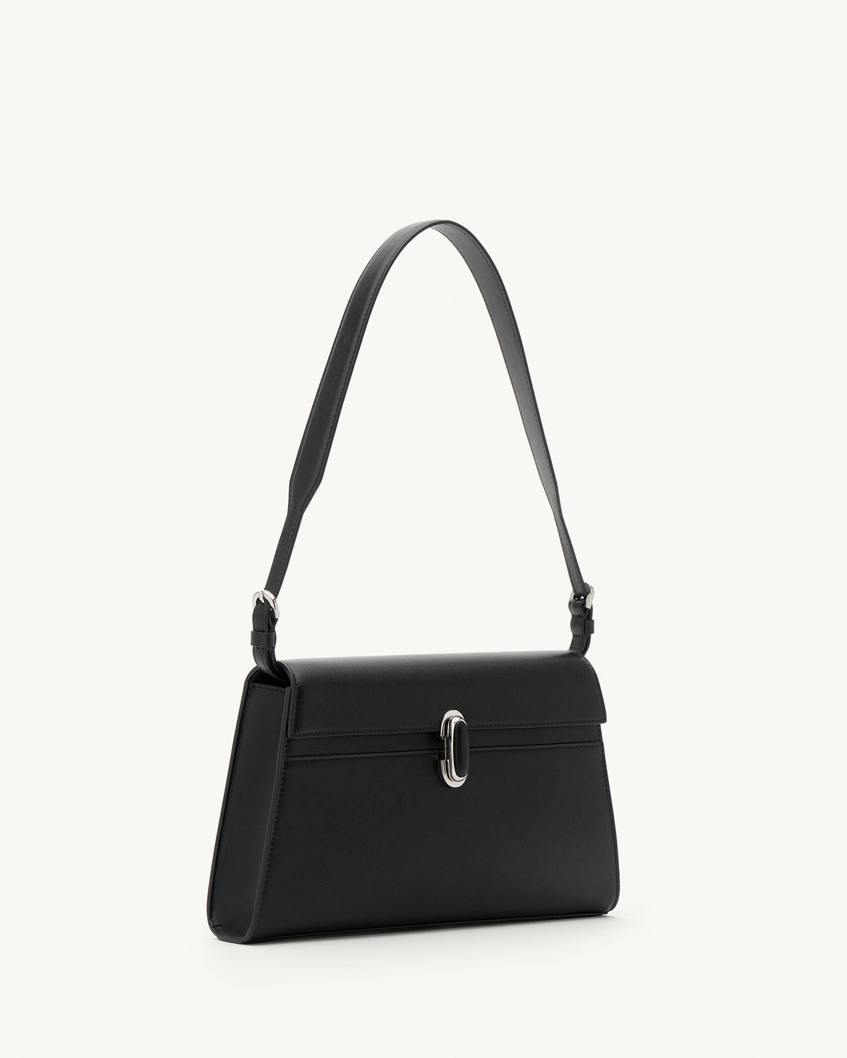 side view of a black leather shoulder bag with a black leather covered silver clasp on a white background