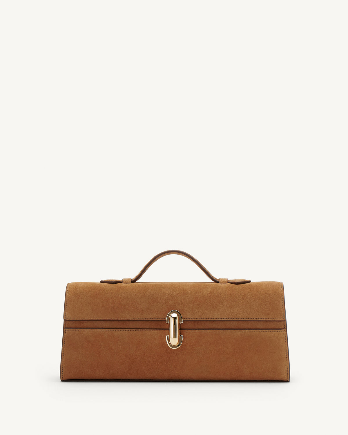 Front view of Saddle Suede leather handbag with a silver clasp on a white background