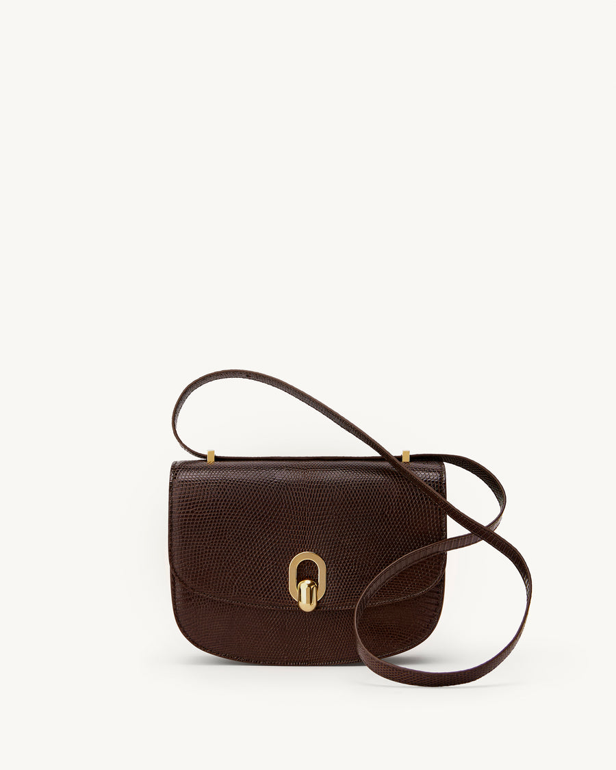 front view of the Tondo 22 handbag in Coffee lizard