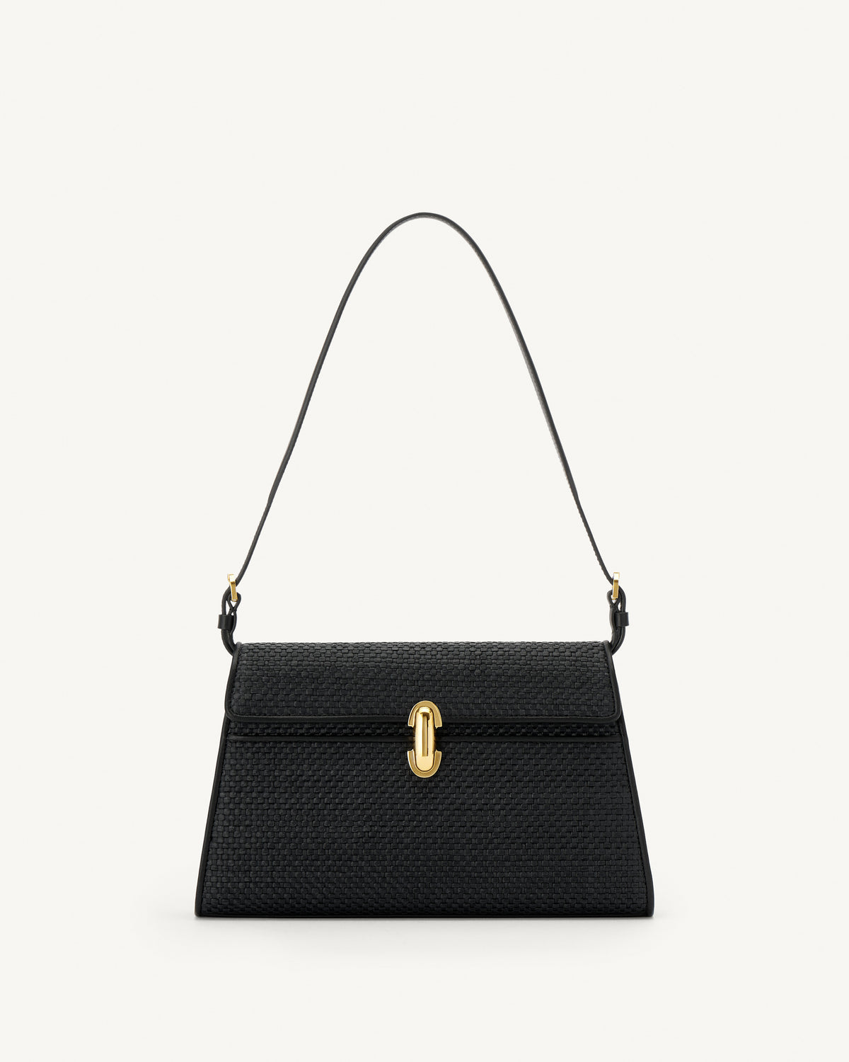 front view of a black raffia bag with leather trim with a gold clasp on a white background