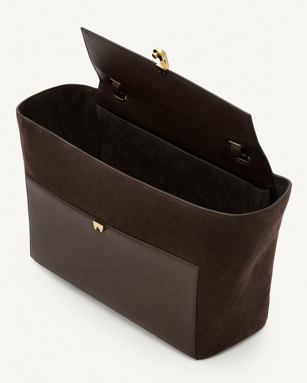 interior view of a coffee brown smooth and suede leather tote bag with a gold clasp on a white background 