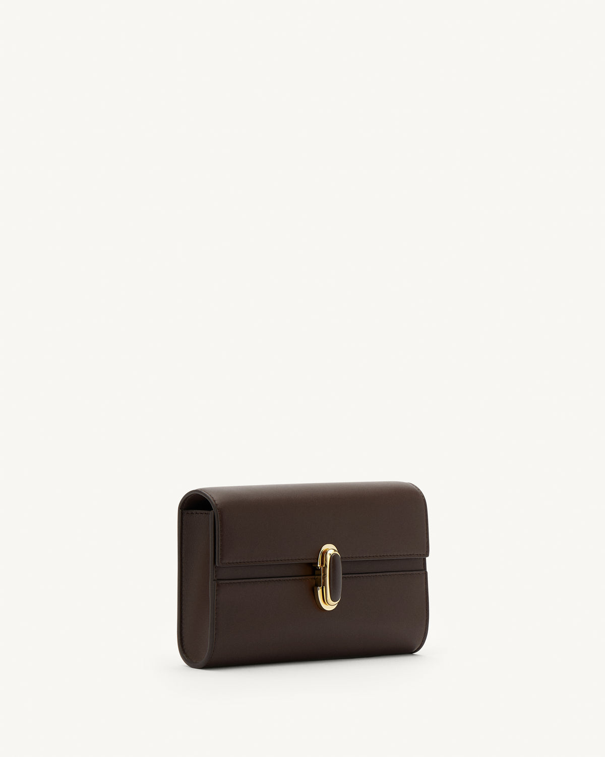 side view of a coffee brown leather bag with a coffee brown leather covered gold clasp on a white background