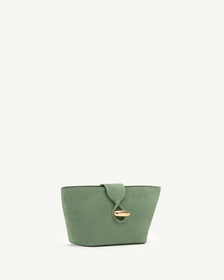 Side view of cactus suede pouch with gold hardware