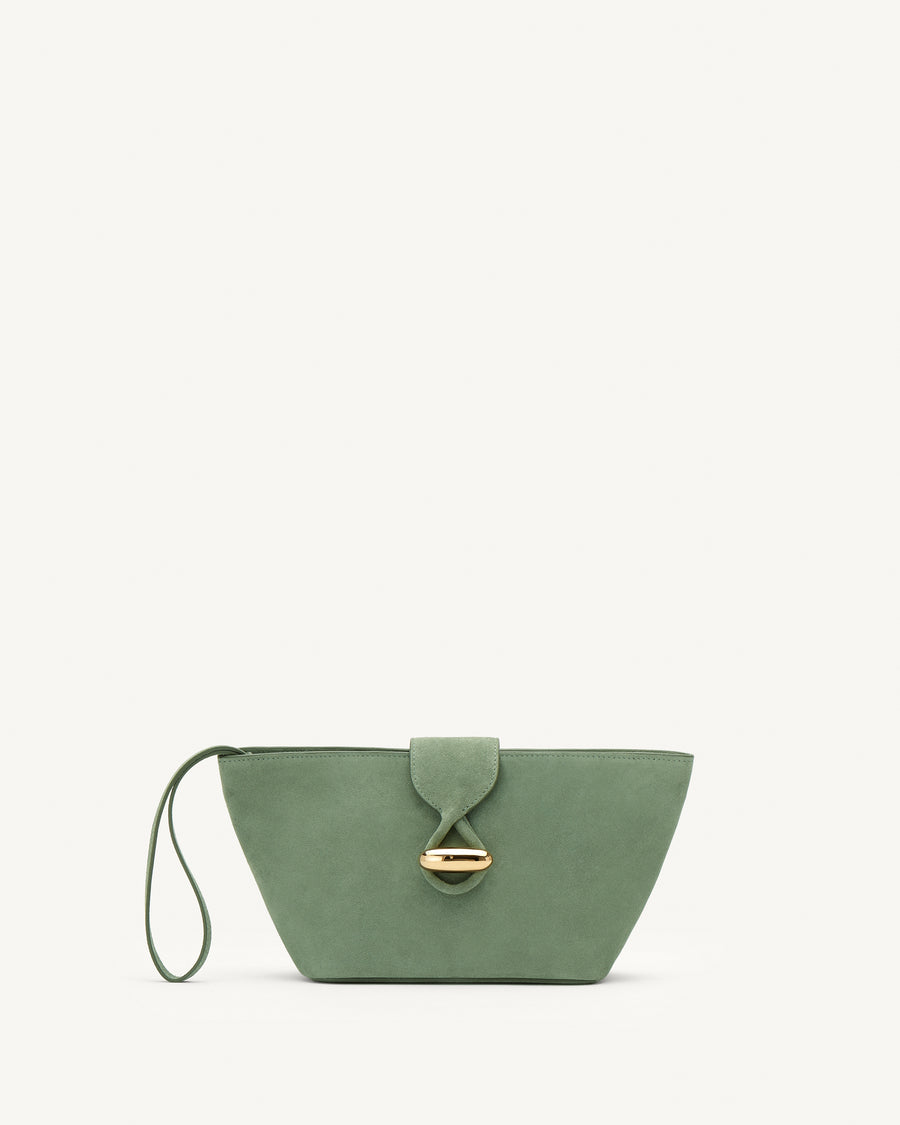 Front view of cactus suede pouch with gold hardware