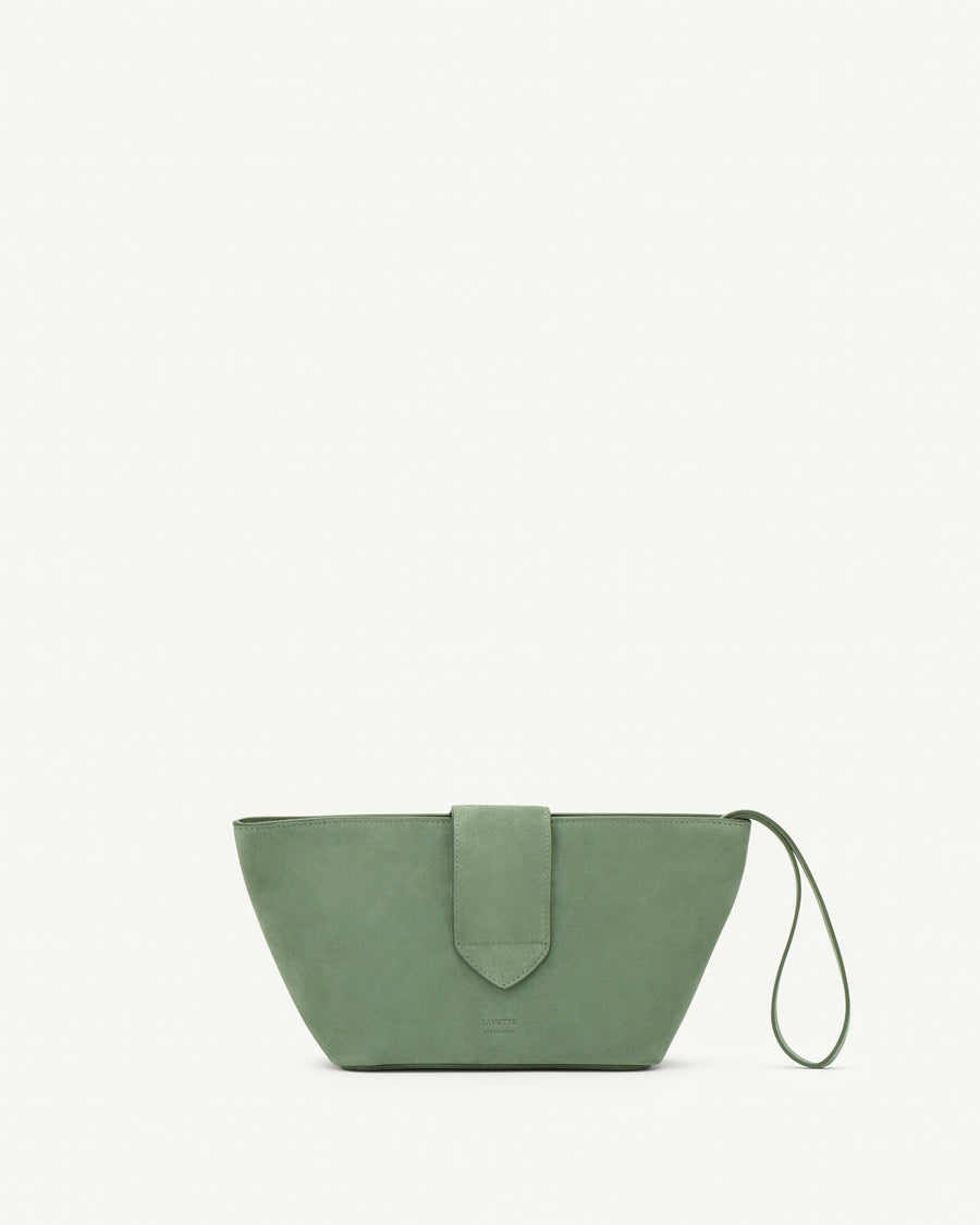 Back view of cactus suede pouch with gold hardware