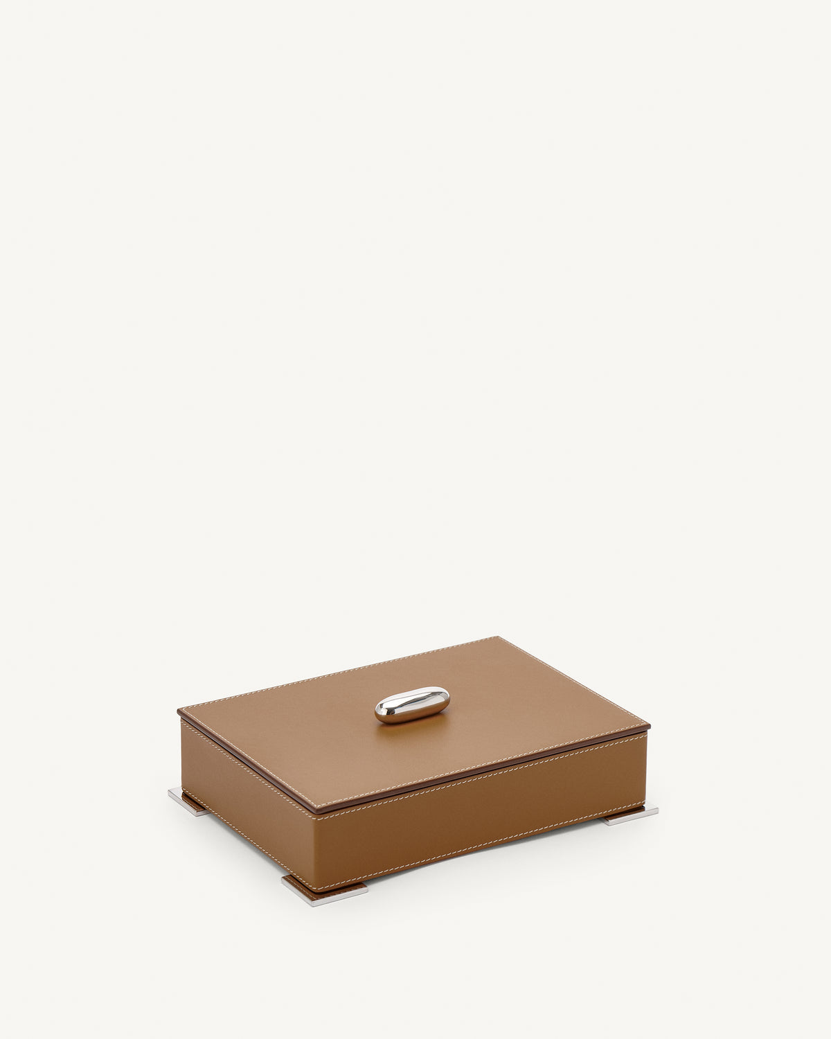 side view of a saddle brown leather box with silver hardware on a white background