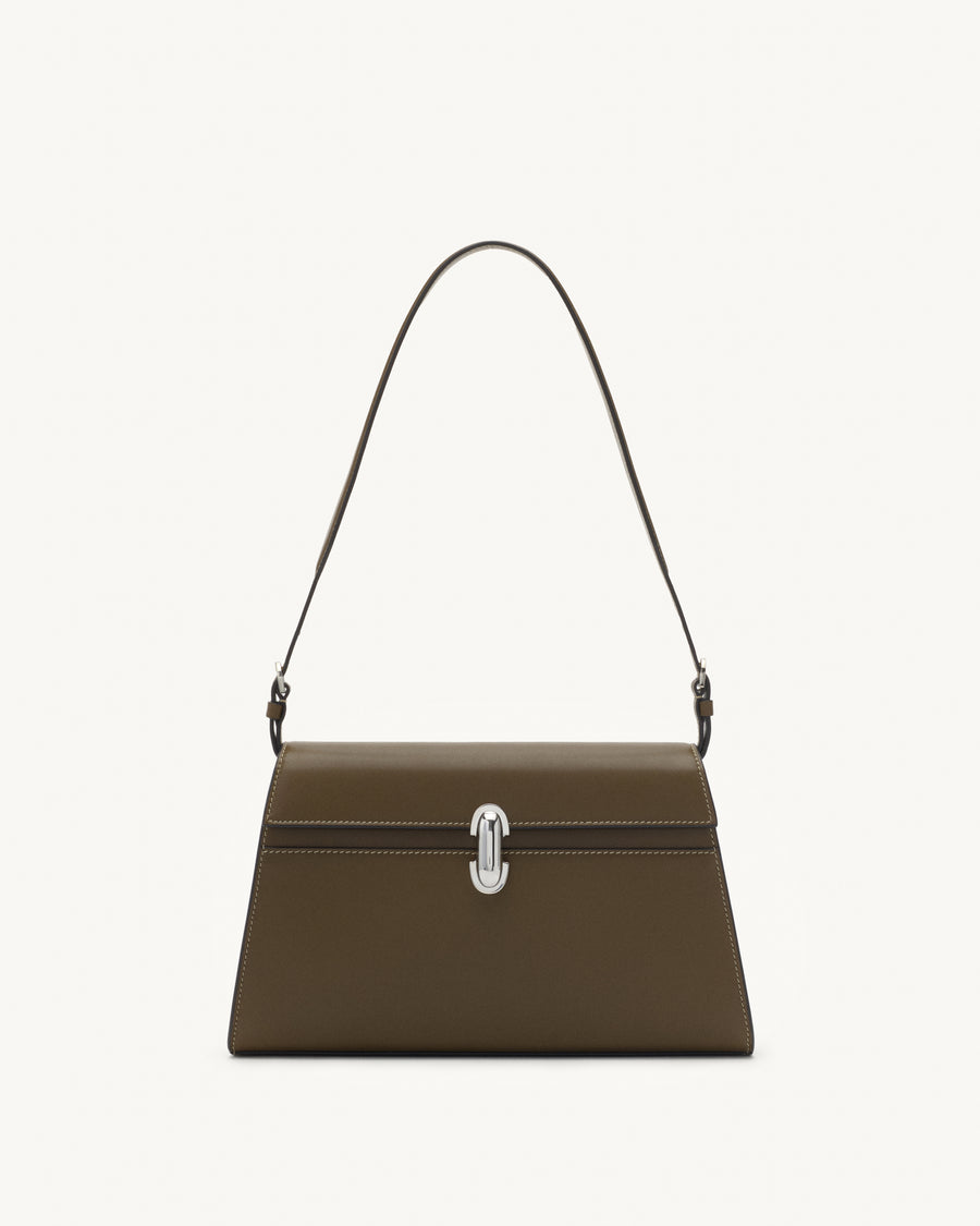 front view of mink brown bag with silver clasp on a white background