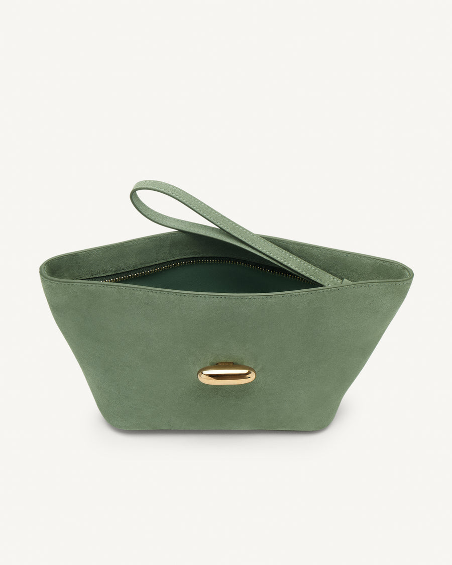 Inside view of cactus suede pouch with gold hardware