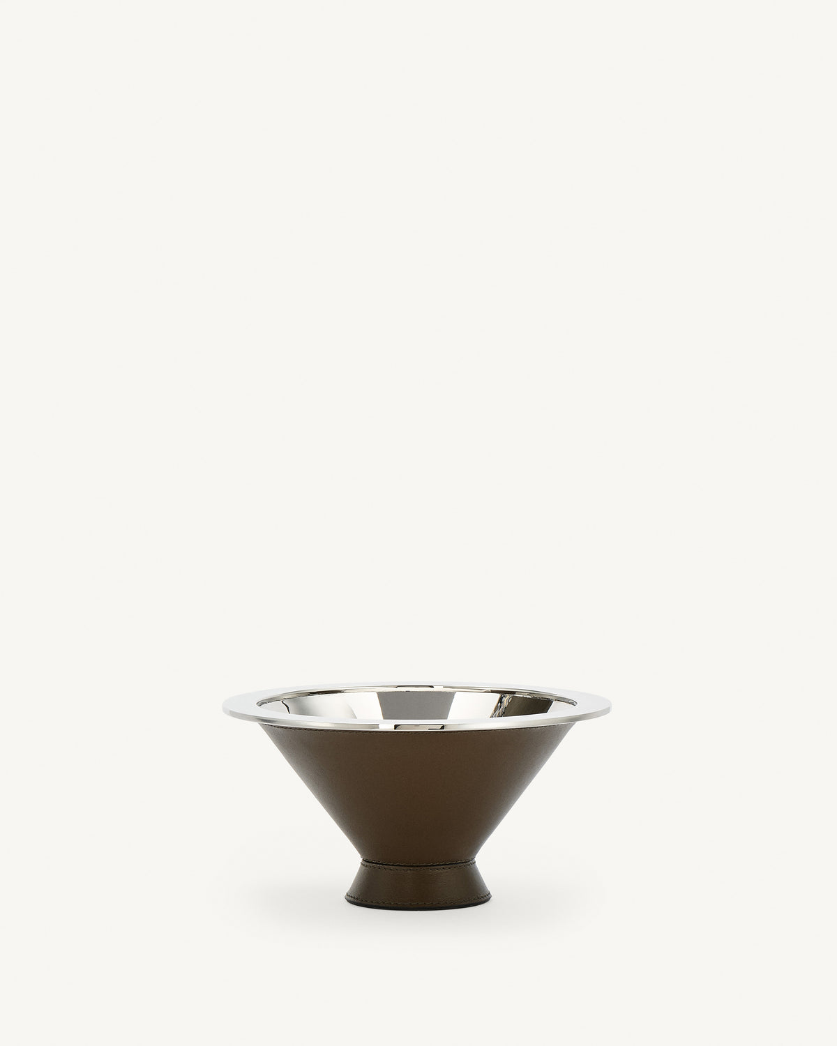 front view of a silver metal lined mink brown leather dish on a white background